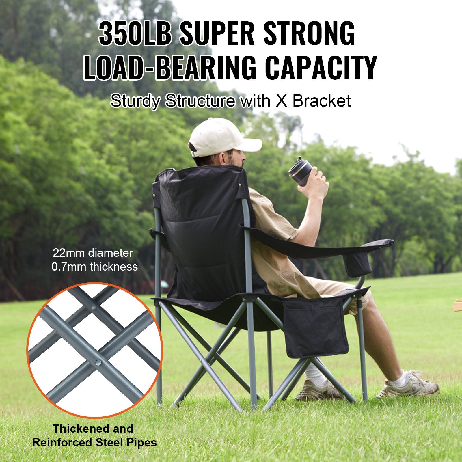 Camp Furniture: VEVOR Camping Folding Chair for Adults, Portable Heavy Duty Outdoor Quad Lumbar Back Padded Arm Chairs with Side Pockets, Cup Holder and Cooler Bag for Beach, Lawn, Picnic, Fishing, Backpacking, Black