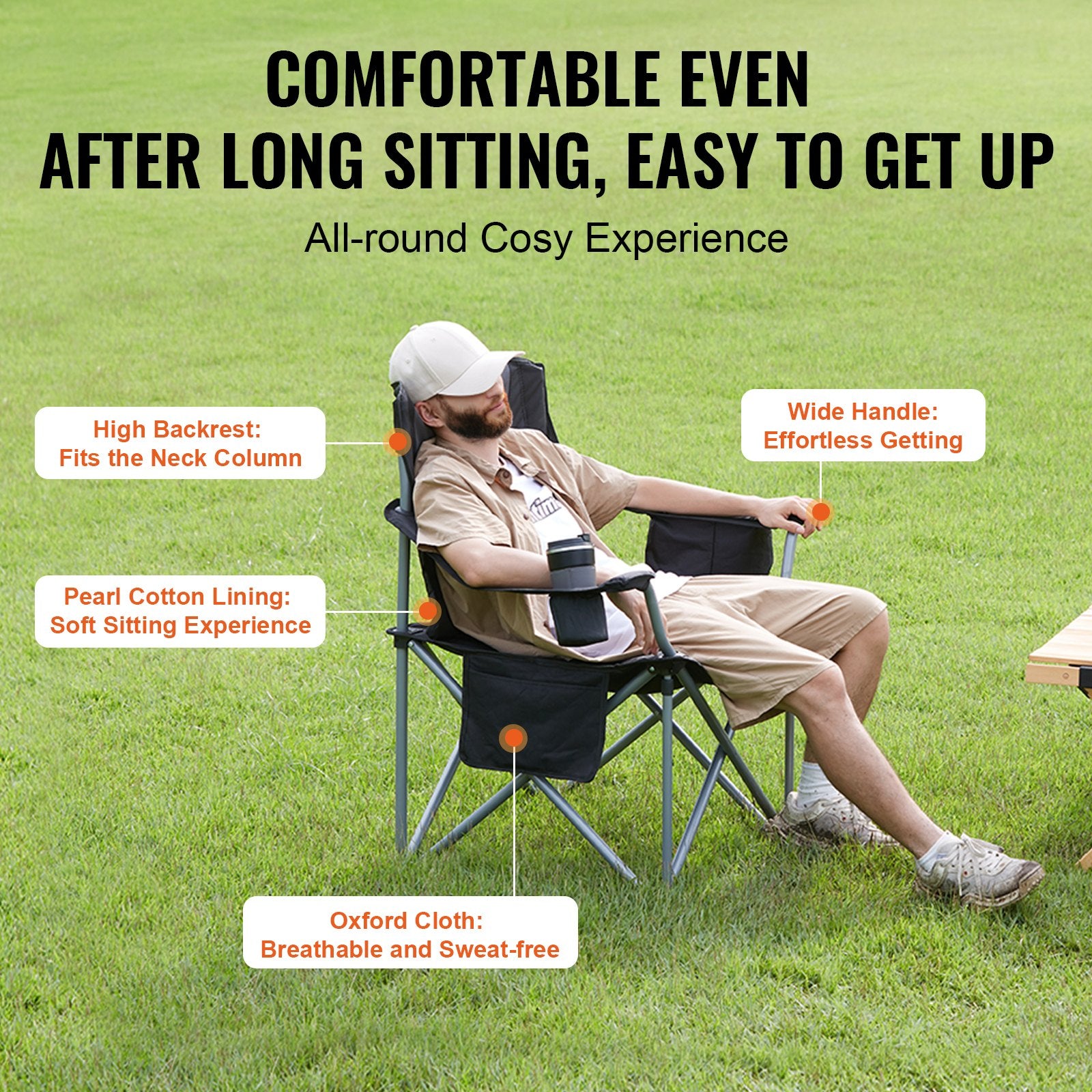 Camp Furniture: VEVOR Camping Folding Chair for Adults, Portable Heavy Duty Outdoor Quad Lumbar Back Padded Arm Chairs with Side Pockets, Cup Holder and Cooler Bag for Beach, Lawn, Picnic, Fishing, Backpacking, Black