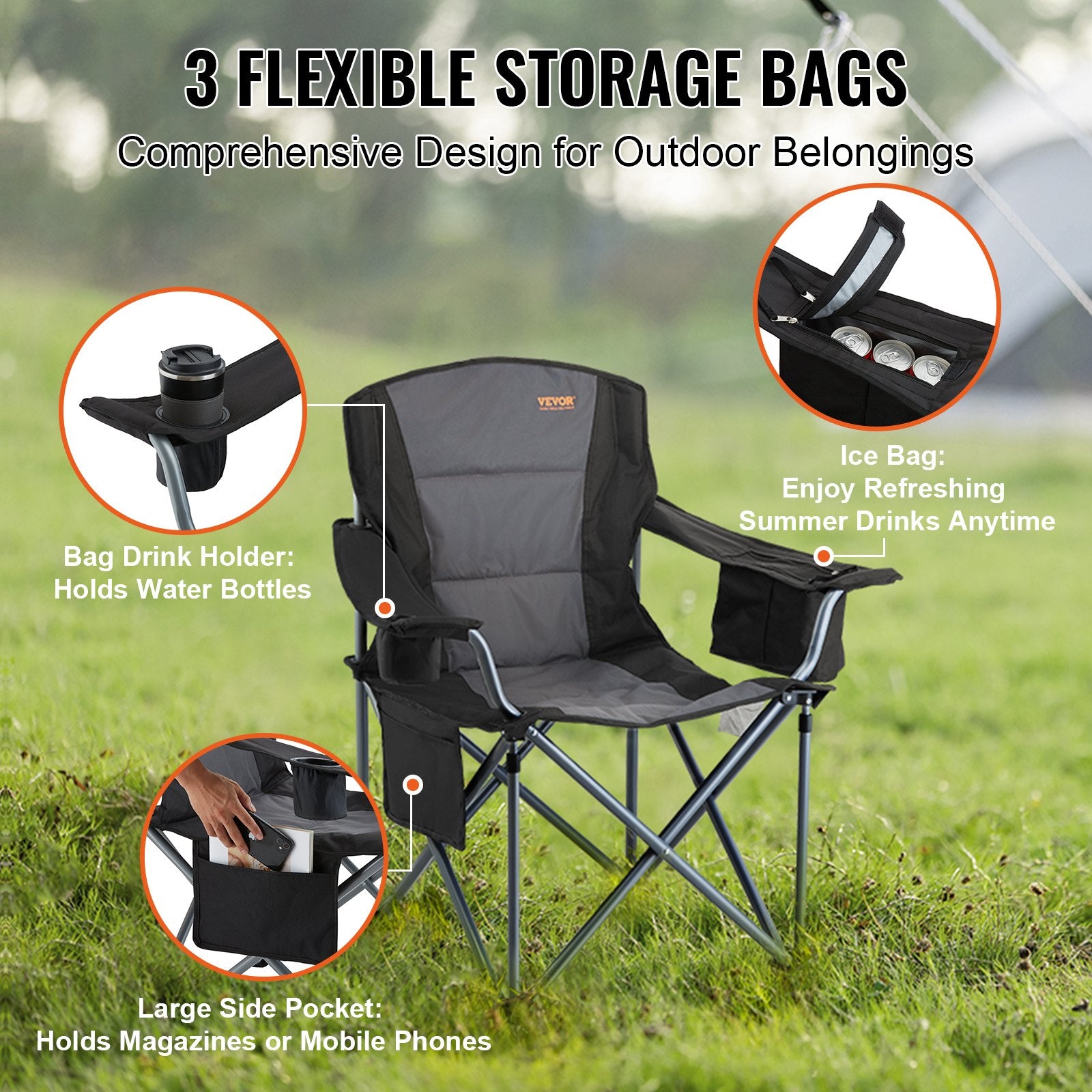 Camp Furniture: VEVOR Camping Folding Chair for Adults, Portable Heavy Duty Outdoor Quad Lumbar Back Padded Arm Chairs with Side Pockets, Cup Holder and Cooler Bag for Beach, Lawn, Picnic, Fishing, Backpacking, Black