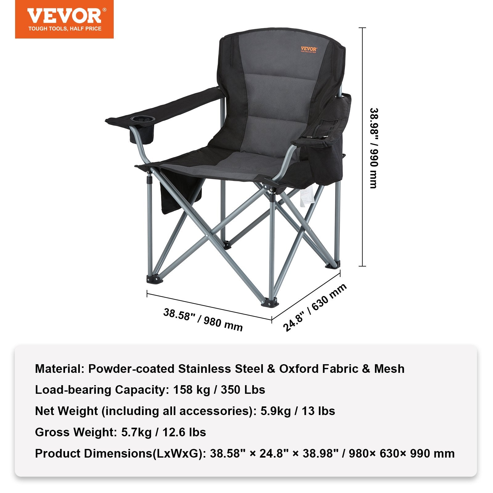 Camp Furniture: VEVOR Camping Folding Chair for Adults, Portable Heavy Duty Outdoor Quad Lumbar Back Padded Arm Chairs with Side Pockets, Cup Holder and Cooler Bag for Beach, Lawn, Picnic, Fishing, Backpacking, Black