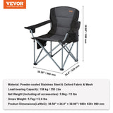 Camp Furniture: VEVOR Camping Folding Chair for Adults, Portable Heavy Duty Outdoor Quad Lumbar Back Padded Arm Chairs with Side Pockets, Cup Holder and Cooler Bag for Beach, Lawn, Picnic, Fishing, Backpacking, Black