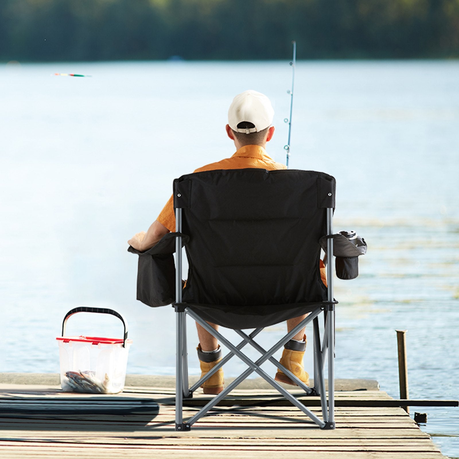 Camp Furniture: VEVOR Camping Folding Chair for Adults, Portable Heavy Duty Outdoor Quad Lumbar Back Padded Arm Chairs with Side Pockets, Cup Holder and Cooler Bag for Beach, Lawn, Picnic, Fishing, Backpacking, Black