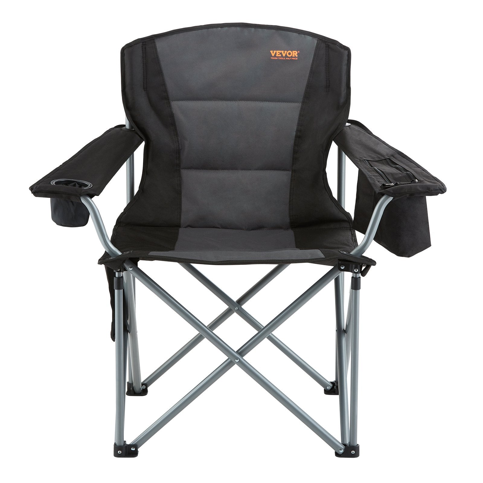 Camp Furniture: VEVOR Camping Folding Chair for Adults, Portable Heavy Duty Outdoor Quad Lumbar Back Padded Arm Chairs with Side Pockets, Cup Holder and Cooler Bag for Beach, Lawn, Picnic, Fishing, Backpacking, Black