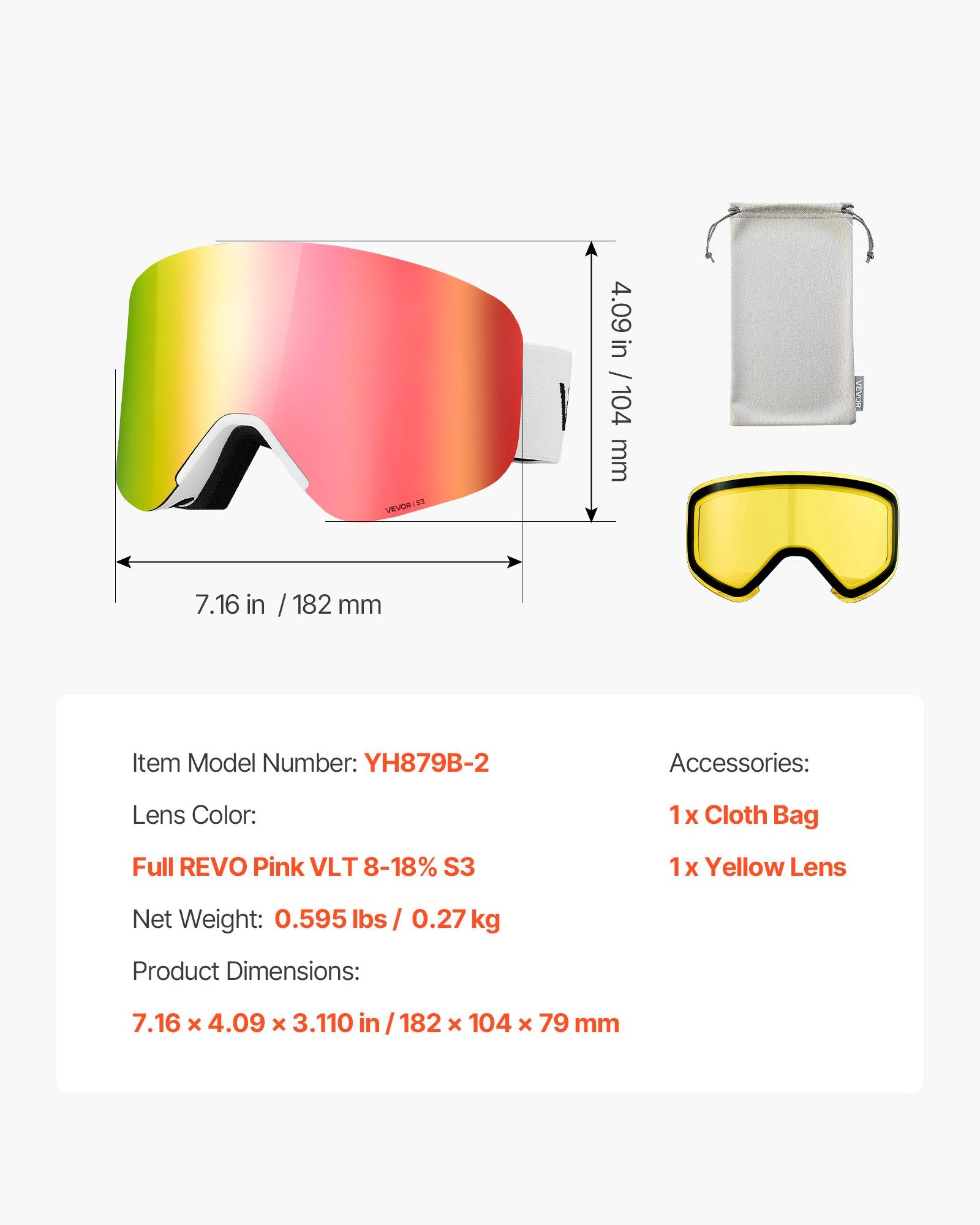 Frameless Ski Goggles, Magnet Cylindrical Lens with Pink Revo Coating, OTG Anti fog Snow Goggles for Men Women Youth, TPU Frame & Ventilation Structure, Fit for Skiing, Skating, Snowboarding