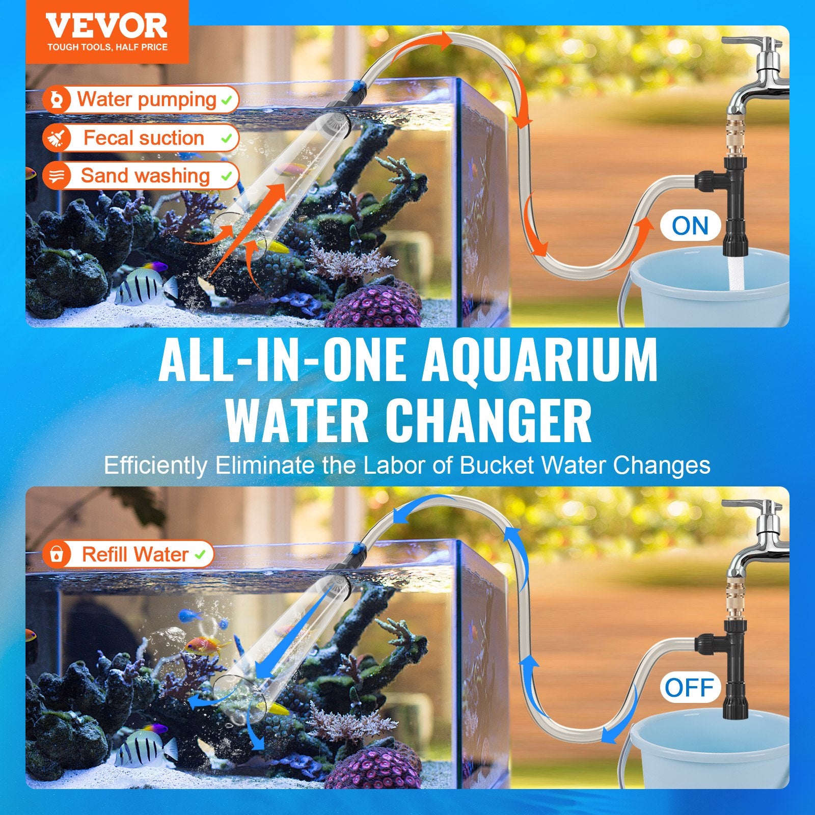 Aquarium Cleaning Supplies: VEVOR Aquarium Vacuum Gravel Cleaner, 50 ft PVC Hose Fish Tank Vacuum Gravel Cleaner, Siphon Fish Tank Cleaner Vacuum, 3 Types of Brass Adapters, for Fish Tank Cleaning Gravel & Sand