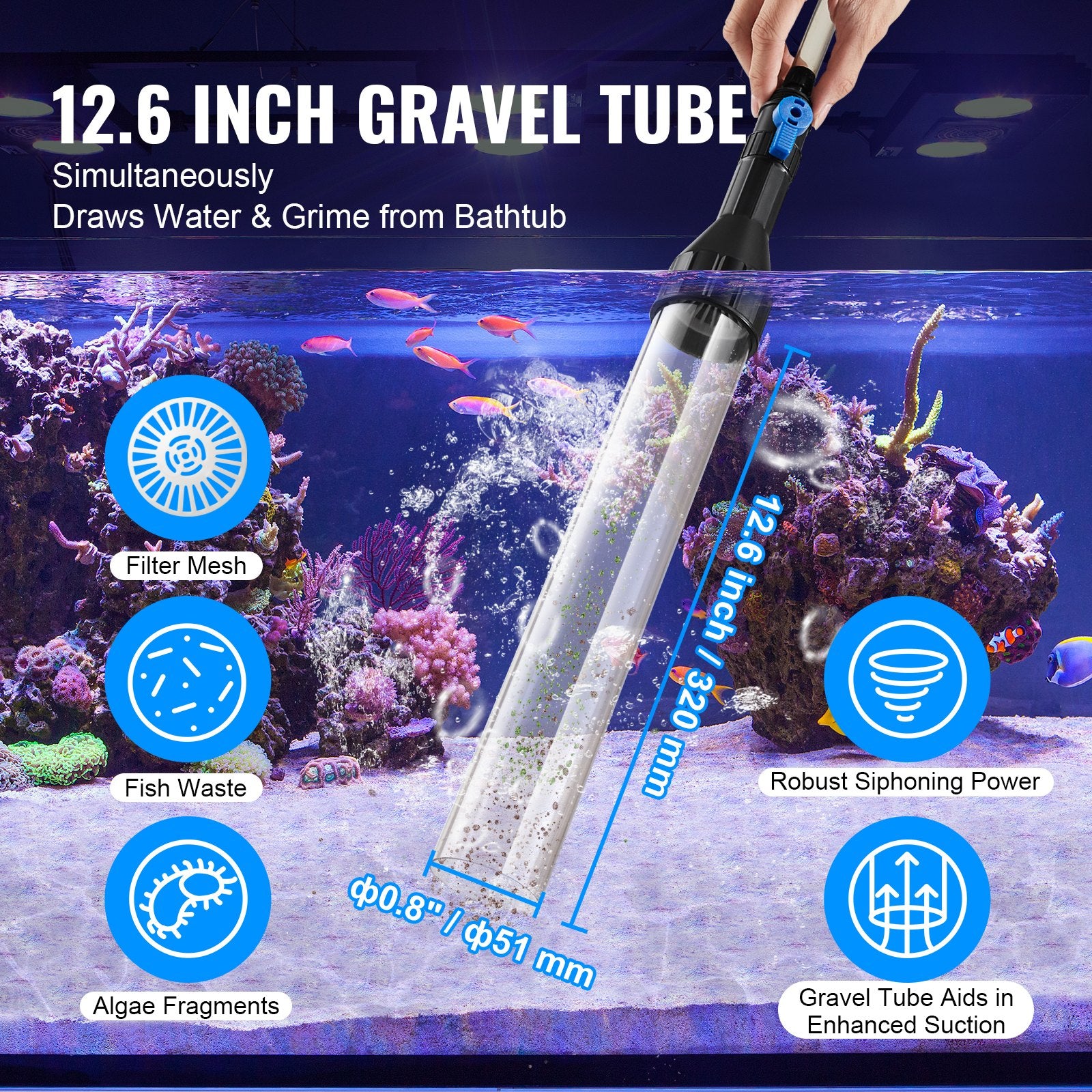 Aquarium Cleaning Supplies: VEVOR Aquarium Vacuum Gravel Cleaner, 50 ft PVC Hose Fish Tank Vacuum Gravel Cleaner, Siphon Fish Tank Cleaner Vacuum, 3 Types of Brass Adapters, for Fish Tank Cleaning Gravel & Sand