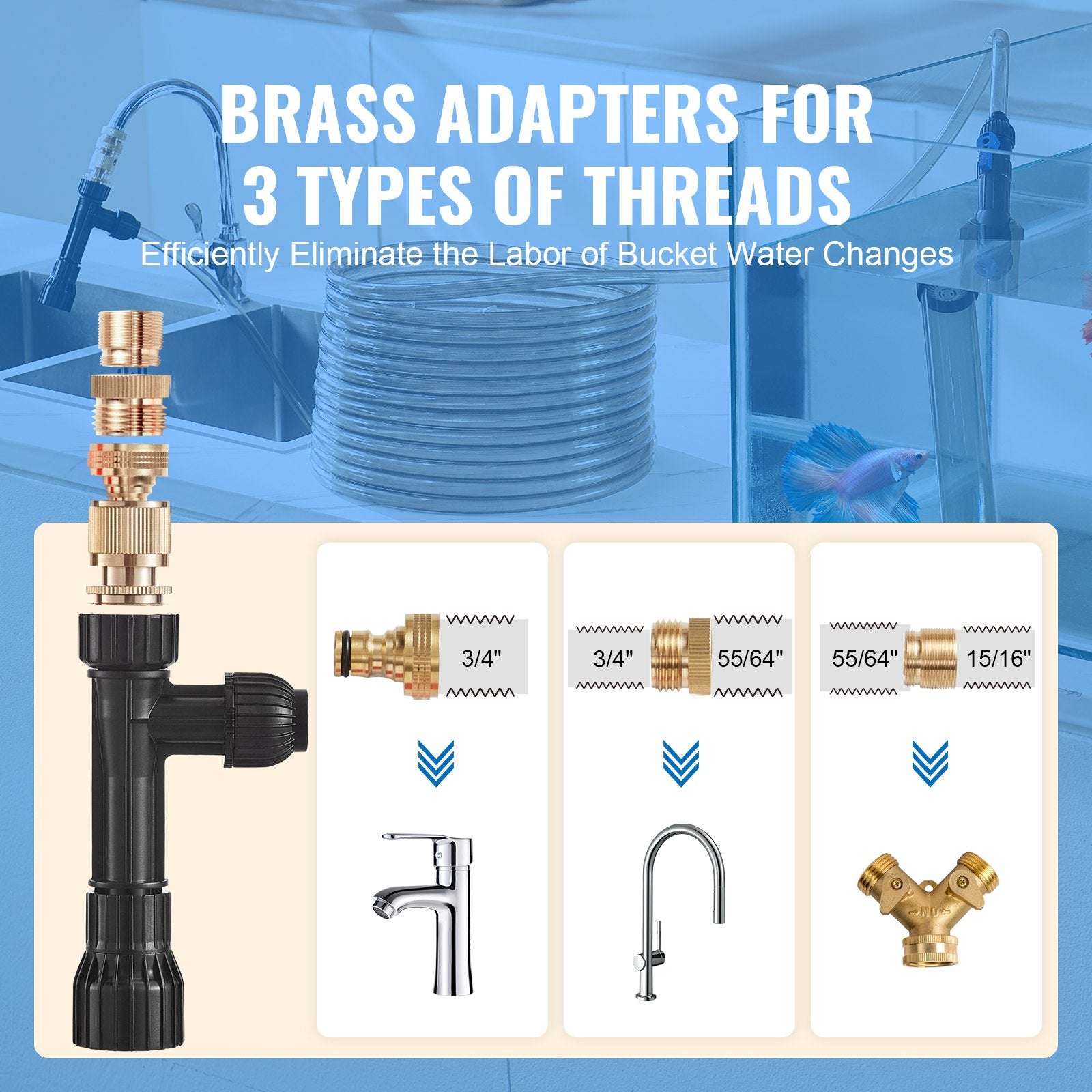 Aquarium Cleaning Supplies: VEVOR Aquarium Vacuum Gravel Cleaner, 50 ft PVC Hose Fish Tank Vacuum Gravel Cleaner, Siphon Fish Tank Cleaner Vacuum, 3 Types of Brass Adapters, for Fish Tank Cleaning Gravel & Sand
