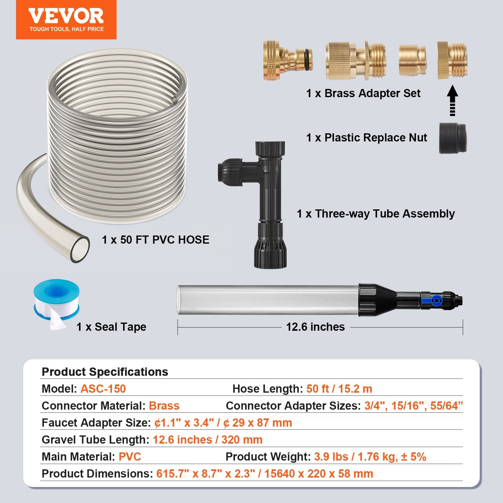 Aquarium Cleaning Supplies: VEVOR Aquarium Vacuum Gravel Cleaner, 50 ft PVC Hose Fish Tank Vacuum Gravel Cleaner, Siphon Fish Tank Cleaner Vacuum, 3 Types of Brass Adapters, for Fish Tank Cleaning Gravel & Sand