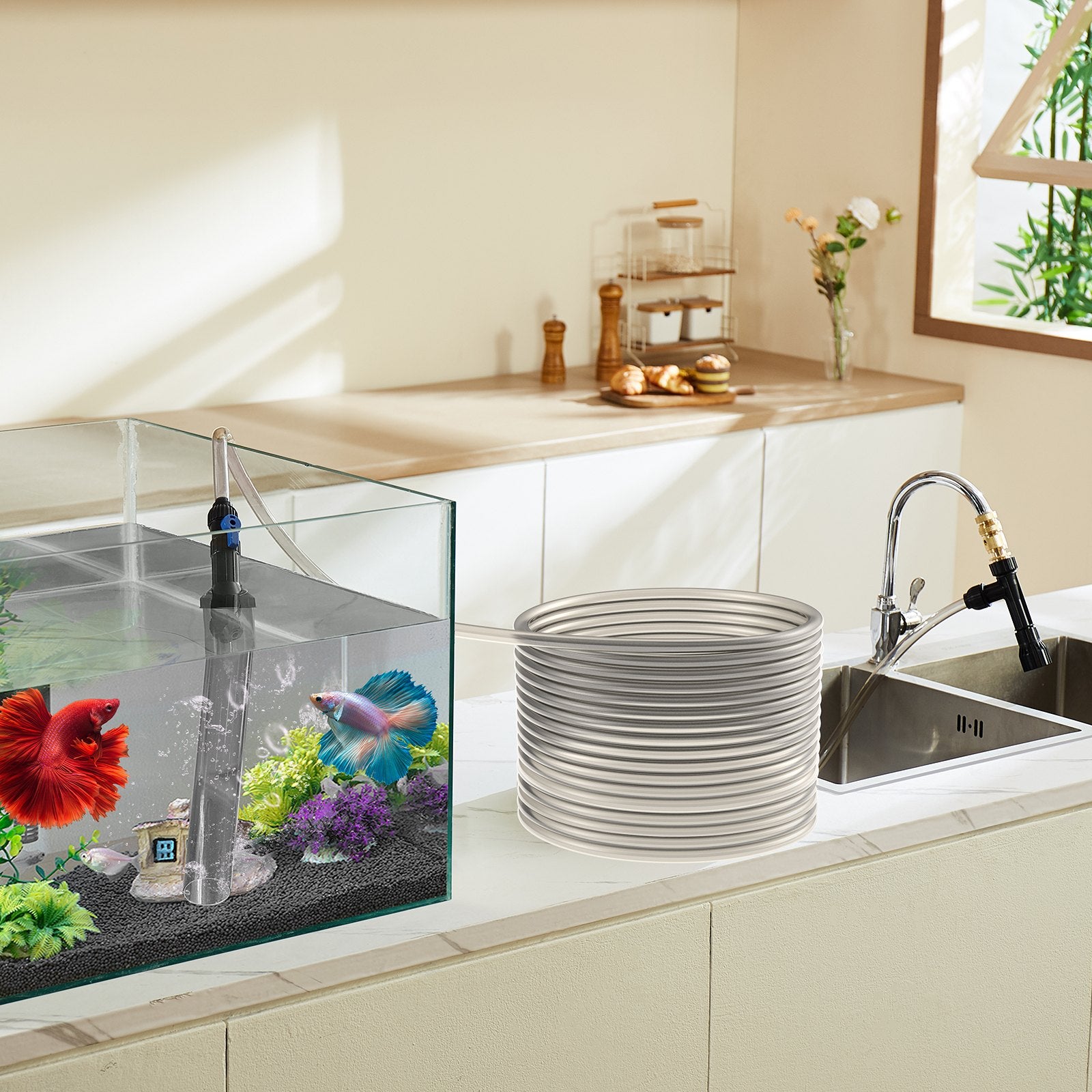 Aquarium Cleaning Supplies: VEVOR Aquarium Vacuum Gravel Cleaner, 50 ft PVC Hose Fish Tank Vacuum Gravel Cleaner, Siphon Fish Tank Cleaner Vacuum, 3 Types of Brass Adapters, for Fish Tank Cleaning Gravel & Sand
