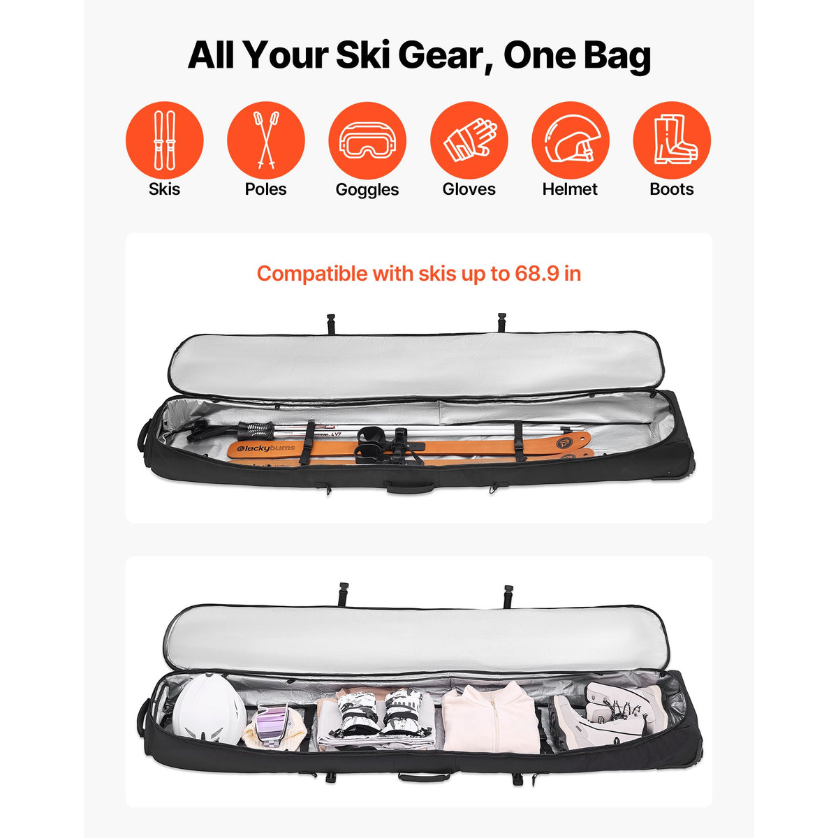 Ski Roller Bag, Up to 74.8 in/190 cm, Padded Snowboard Bag with Wheels for Air Travel, 600D Waterproof Oxford Fabric, with Adjustable Straps, for Skis Poles Goggles Gloves Helmet Boots (Black)
