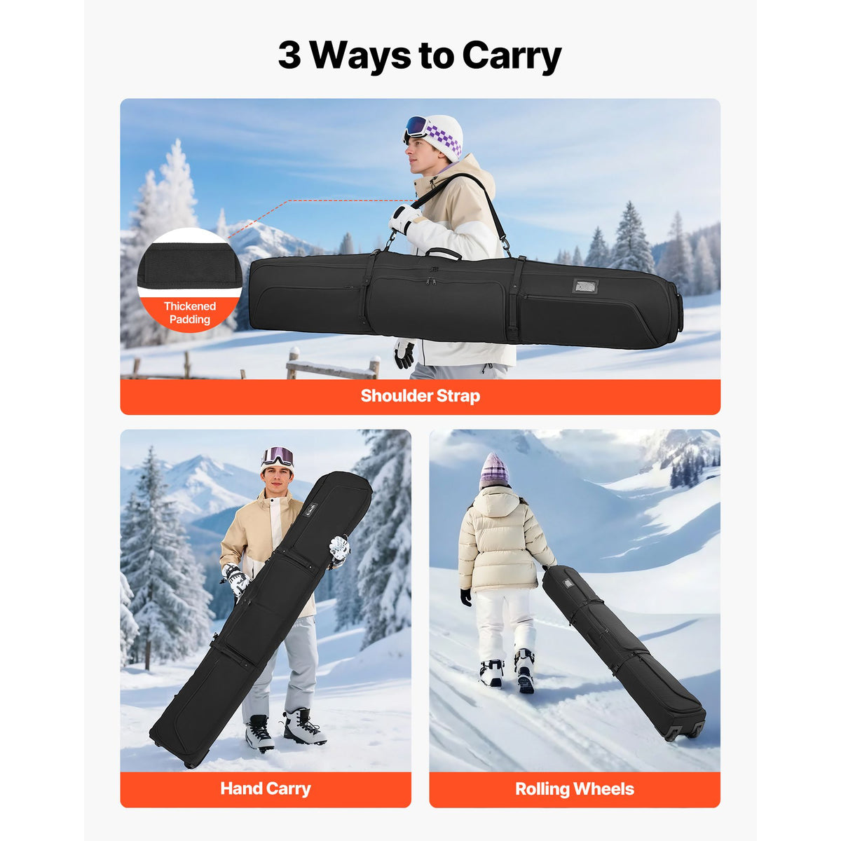 Ski Roller Bag, Up to 74.8 in/190 cm, Padded Snowboard Bag with Wheels for Air Travel, 600D Waterproof Oxford Fabric, with Adjustable Straps, for Skis Poles Goggles Gloves Helmet Boots (Black)