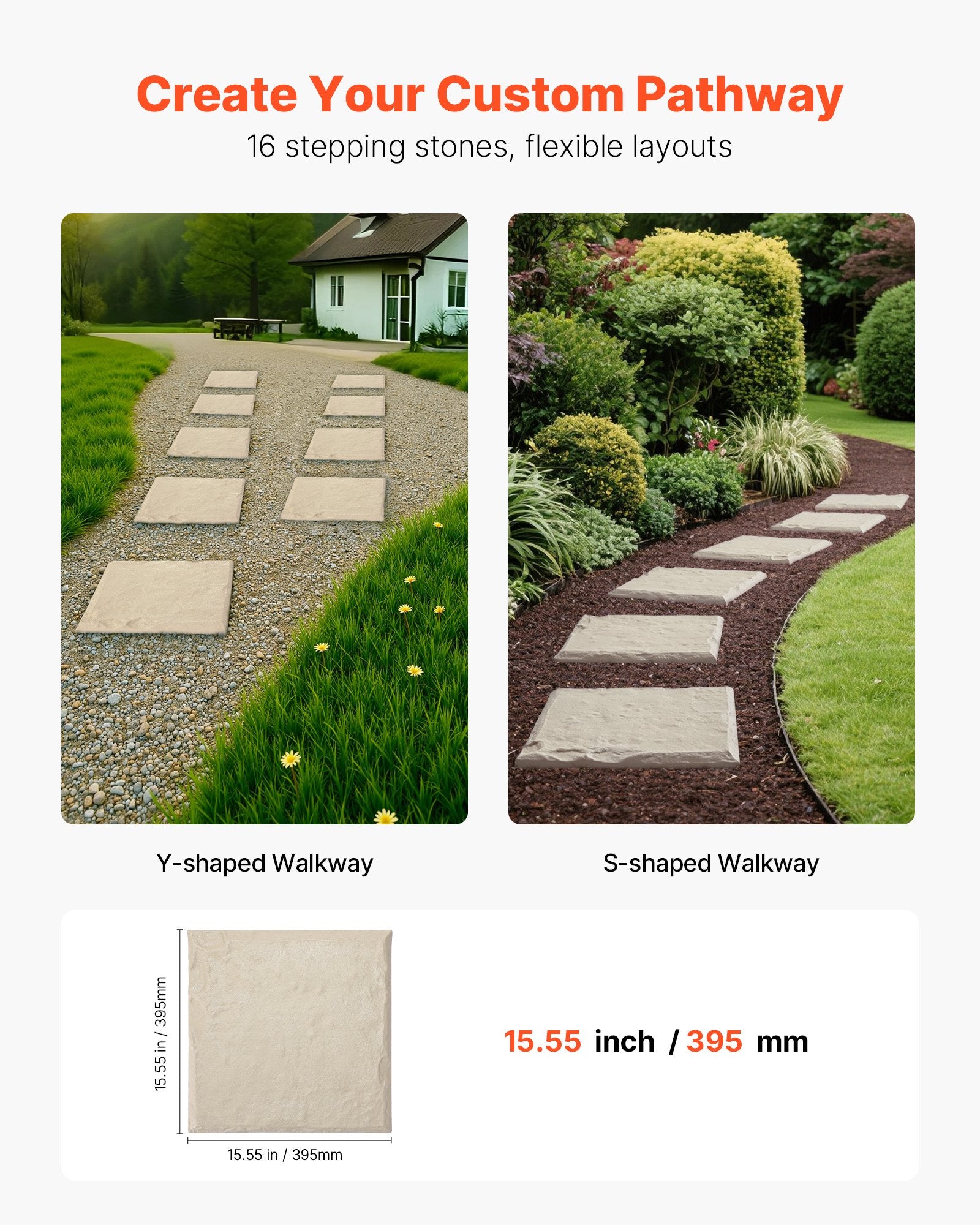Garden Stepping Stones, 16Pcs 39.5x39.5 cm, Decorative Stepping Stones with Stakes, Weather-Resistant Plastic Pathway Pavers, Smooth Surface, Outdoor Walkway for Lawn Patio Landscape, Beige