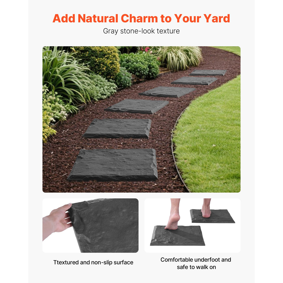 Garden Stepping Stones, 4Pcs 39.5x39.5 cm Decorative Stepping Stones with Stakes, Weather-Resistant Plastic Pathway Pavers, Smooth Surface, Outdoor Walkway for Lawn Patio Landscape, Grey