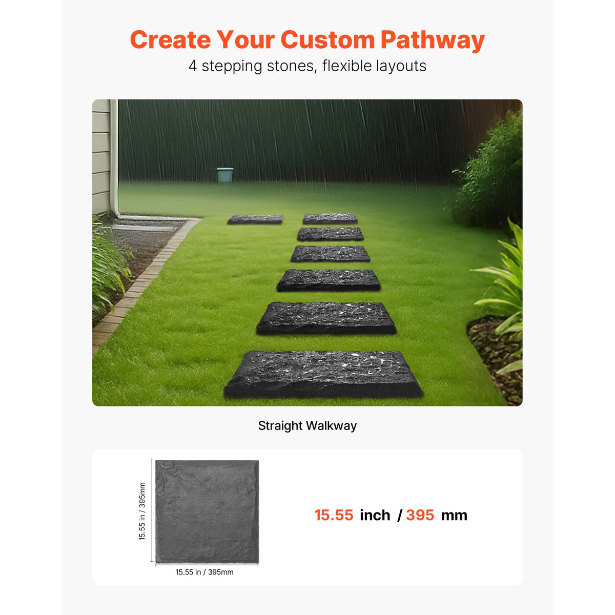 Garden Stepping Stones, 4Pcs 39.5x39.5 cm Decorative Stepping Stones with Stakes, Weather-Resistant Plastic Pathway Pavers, Smooth Surface, Outdoor Walkway for Lawn Patio Landscape, Grey