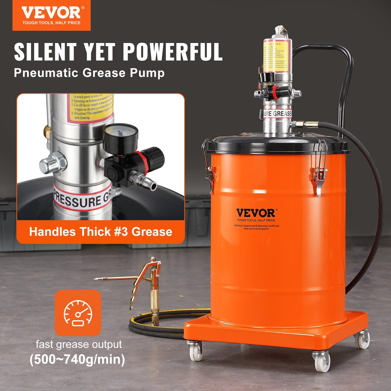 Grease Pump, 40L Capacity, Air Operated Grease Pump with 3.88 m High Pressure Hose and Grease Gun, Pneumatic Grease Bucket Pump with Wheels, Portable Lubrication Grease Pump 50:1 Pressure Ratio