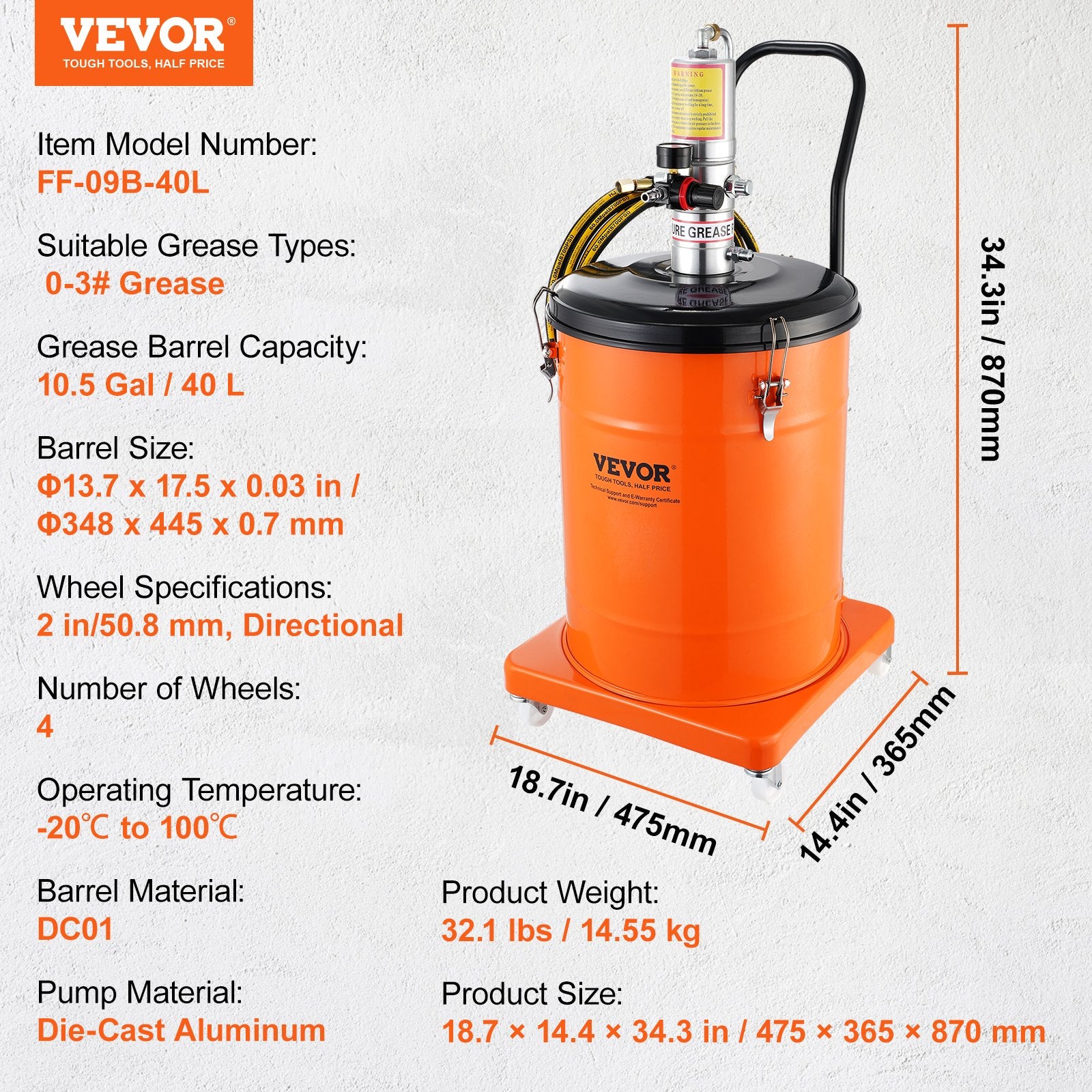 Grease Pump, 40L Capacity, Air Operated Grease Pump with 3.88 m High Pressure Hose and Grease Gun, Pneumatic Grease Bucket Pump with Wheels, Portable Lubrication Grease Pump 50:1 Pressure Ratio
