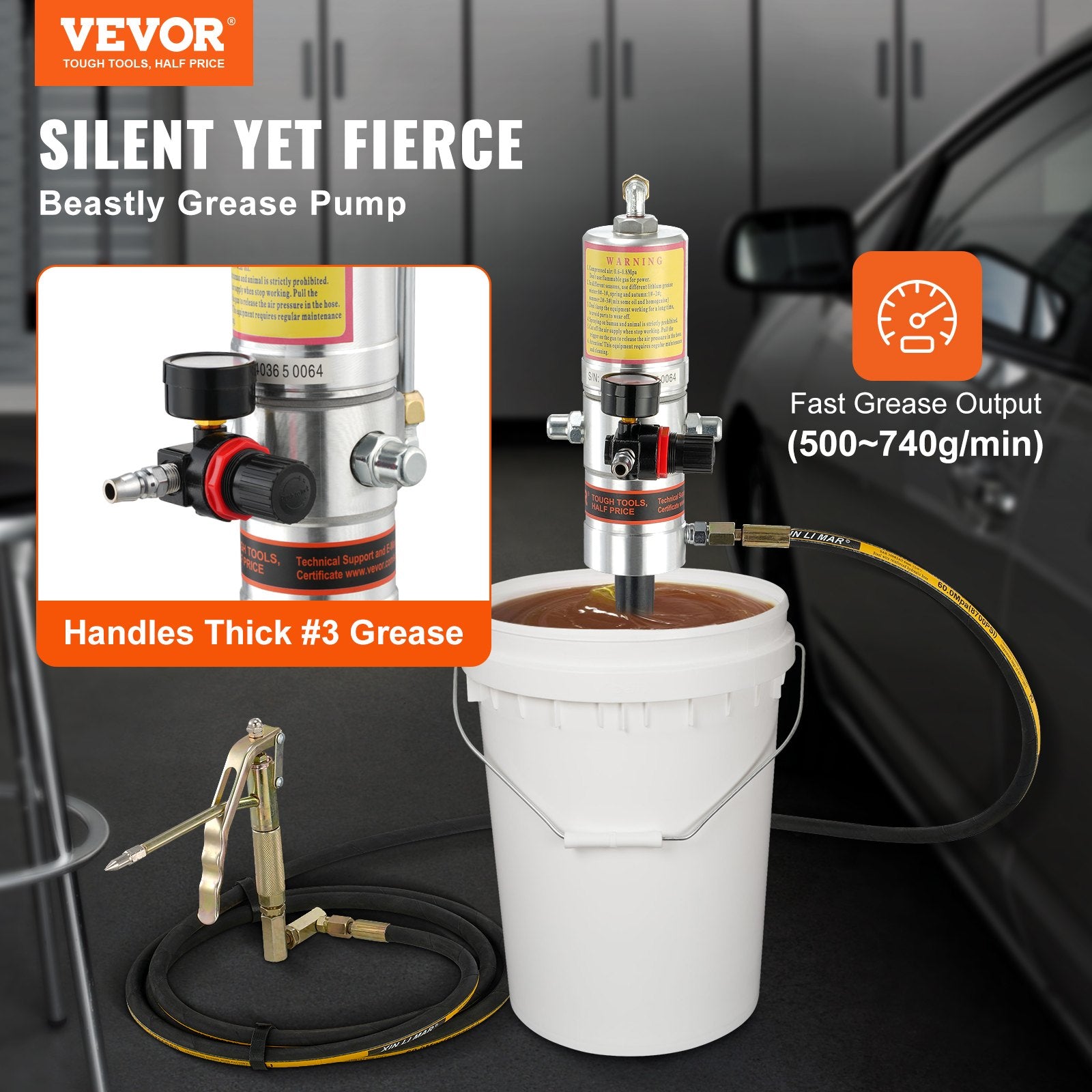 Food Storage: VEVOR Grease Pump, 50:1 Pressure Ratio Air Operated Grease Pump with 3.88 m High Pressure Hose and Grease Gun, Pneumatic Grease Pump, Portable Lubrication Grease Pump with 360° Swivel Grease Gun Head