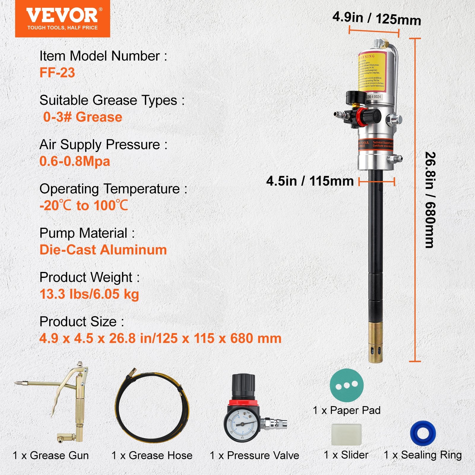 Food Storage: VEVOR Grease Pump, 50:1 Pressure Ratio Air Operated Grease Pump with 3.88 m High Pressure Hose and Grease Gun, Pneumatic Grease Pump, Portable Lubrication Grease Pump with 360° Swivel Grease Gun Head