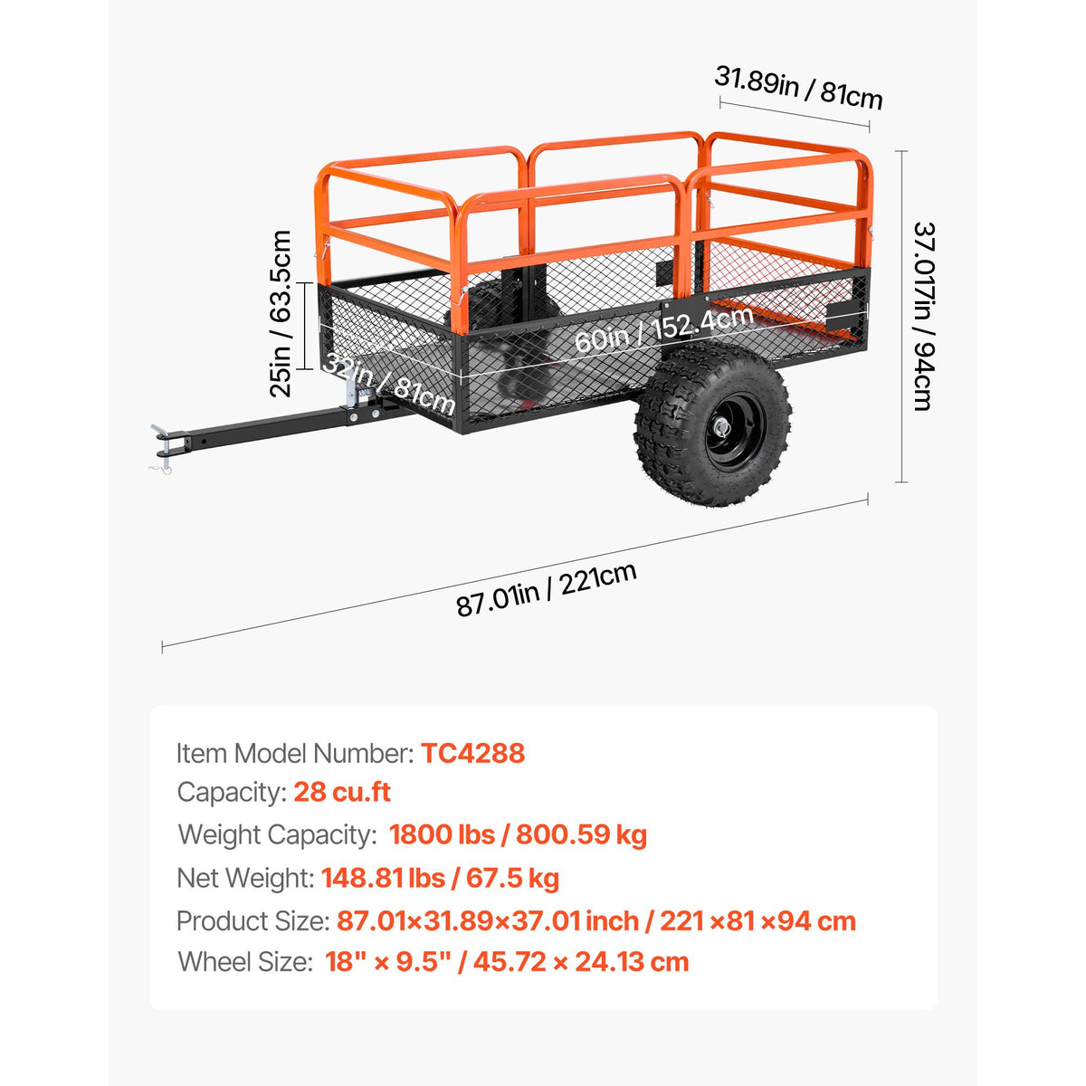 Garden Utility Trailer, 28 Cu. Ft. & 800 kg, ATV UTV Trailer, Tow Behind Steel Dump Trailers, Removable Rear Panel, Heavy Duty Pull Behind Yard Trailers for Lawn Mower Tractor Garden Waste