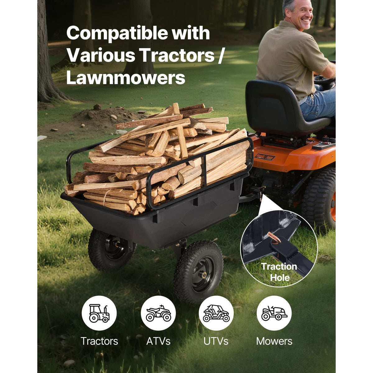 Garden Utility Trailer, 10 Cu. Ft 227 kg, ATV UTV Hauling Trailer, Tow Behind Poly Dump Cart with 16" Tires, Hand Pull or Foot Pedal, Heavy Duty Yard Trailers for Lawn Mower Tractor Garden Waste