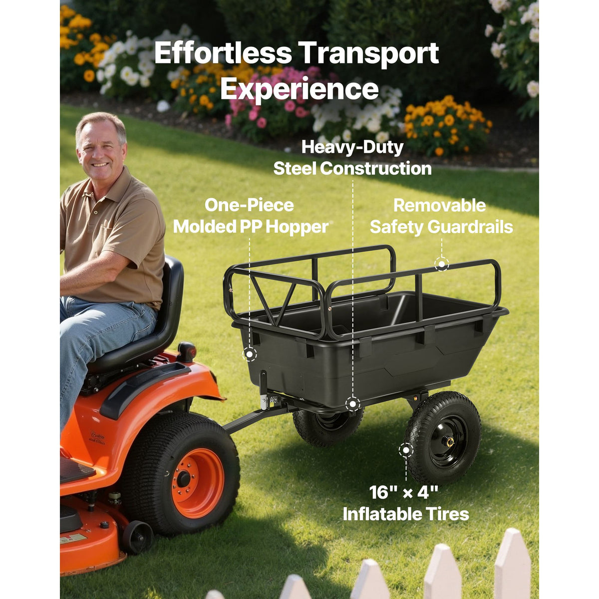 Garden Utility Trailer, 10 Cu. Ft 227 kg, ATV UTV Hauling Trailer, Tow Behind Poly Dump Cart with 16" Tires, Hand Pull or Foot Pedal, Heavy Duty Yard Trailers for Lawn Mower Tractor Garden Waste