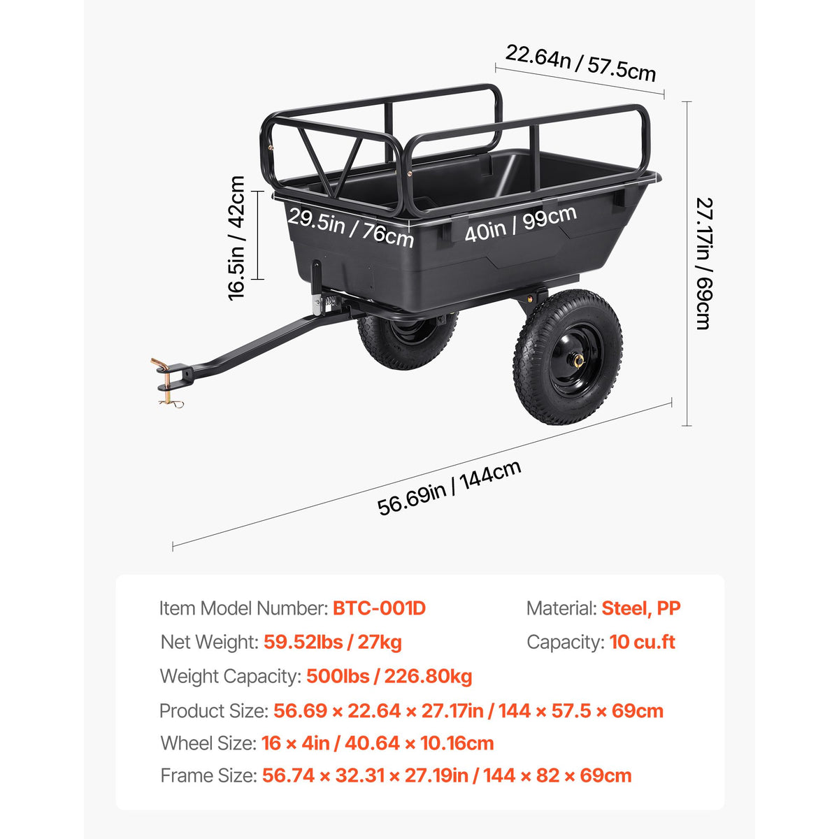 Garden Utility Trailer, 10 Cu. Ft 227 kg, ATV UTV Hauling Trailer, Tow Behind Poly Dump Cart with 16" Tires, Hand Pull or Foot Pedal, Heavy Duty Yard Trailers for Lawn Mower Tractor Garden Waste