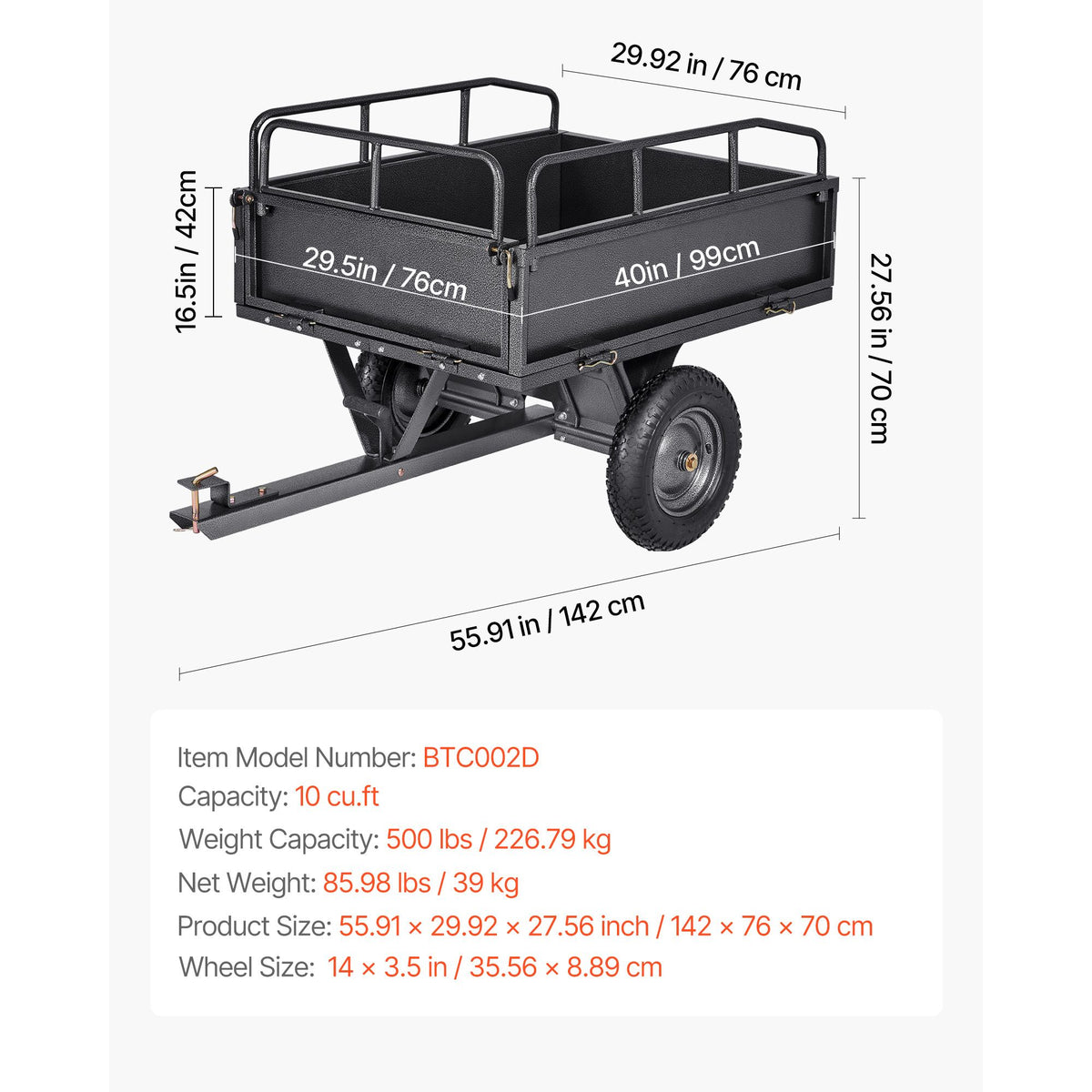 Garden Utility Trailer, 10 Cu. Ft & 227 kg Capacity, ATV UTV Hauling Trailer, Tow Behind Steel Dump Cart with 14" Tires, Hand Pull or Foot Pedal, Heavy Duty Yard Trailers for Lawn Mower Tractor