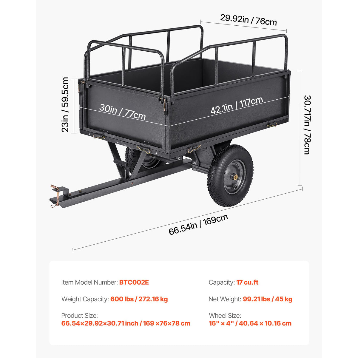 Garden Utility Trailer, 17 Cu. Ft & 272 kg Capacity, ATV UTV Hauling Trailer, Tow Behind Steel Dump Cart with 16" Tires, Hand Pull or Foot Pedal, Heavy Duty Yard Trailers for Lawn Mower Tractor