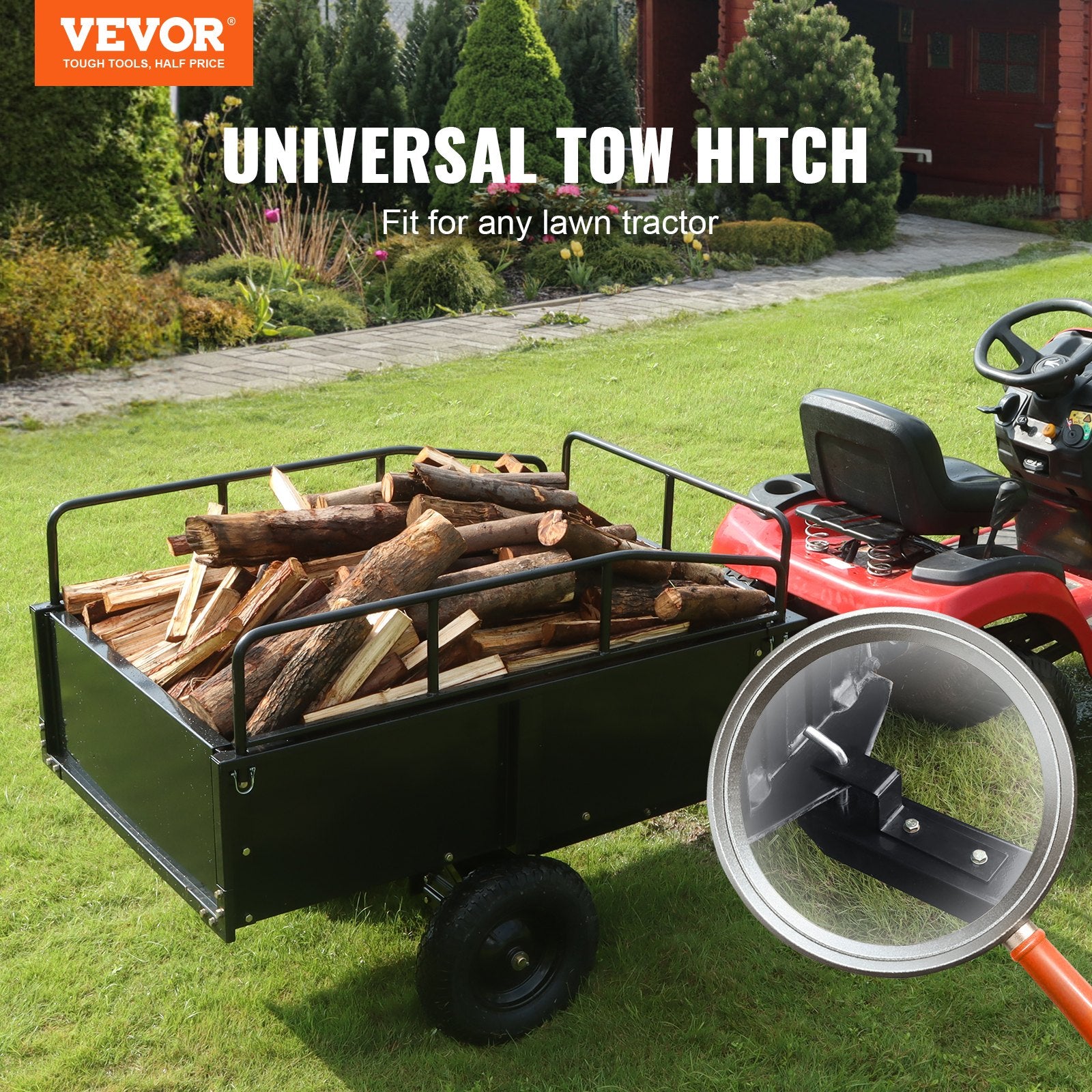 Spreaders & Wheelbarrows: VEVOR Heavy Duty ATV Trailer Steel Dump Cart, 750-Pound 15 Cubic Feet, Garden Utility Trailer with Removable Sides for Riding Lawn Mower Tractor