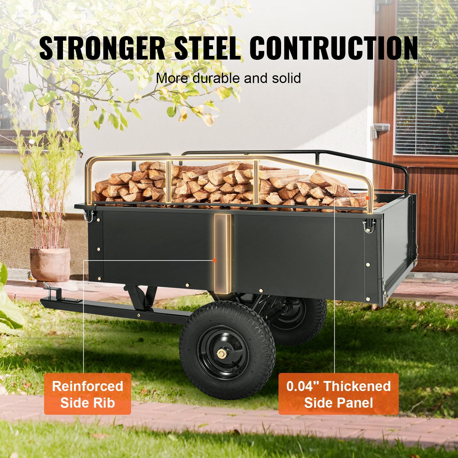 Spreaders & Wheelbarrows: VEVOR Heavy Duty ATV Trailer Steel Dump Cart, 750-Pound 15 Cubic Feet, Garden Utility Trailer with Removable Sides for Riding Lawn Mower Tractor