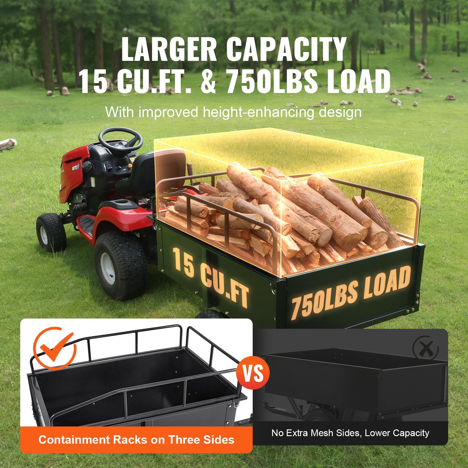 Spreaders & Wheelbarrows: VEVOR Heavy Duty ATV Trailer Steel Dump Cart, 750-Pound 15 Cubic Feet, Garden Utility Trailer with Removable Sides for Riding Lawn Mower Tractor