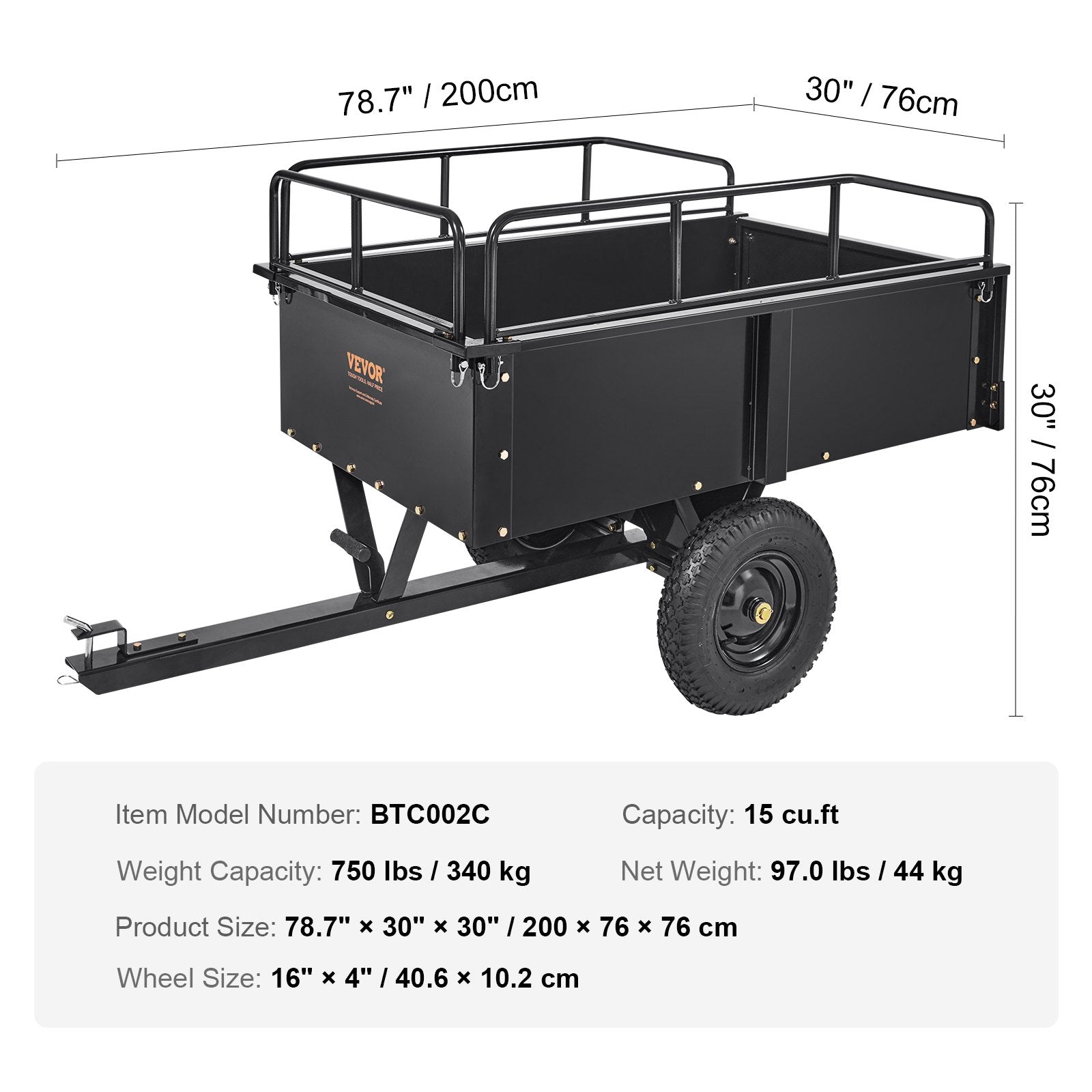 Spreaders & Wheelbarrows: VEVOR Heavy Duty ATV Trailer Steel Dump Cart, 750-Pound 15 Cubic Feet, Garden Utility Trailer with Removable Sides for Riding Lawn Mower Tractor