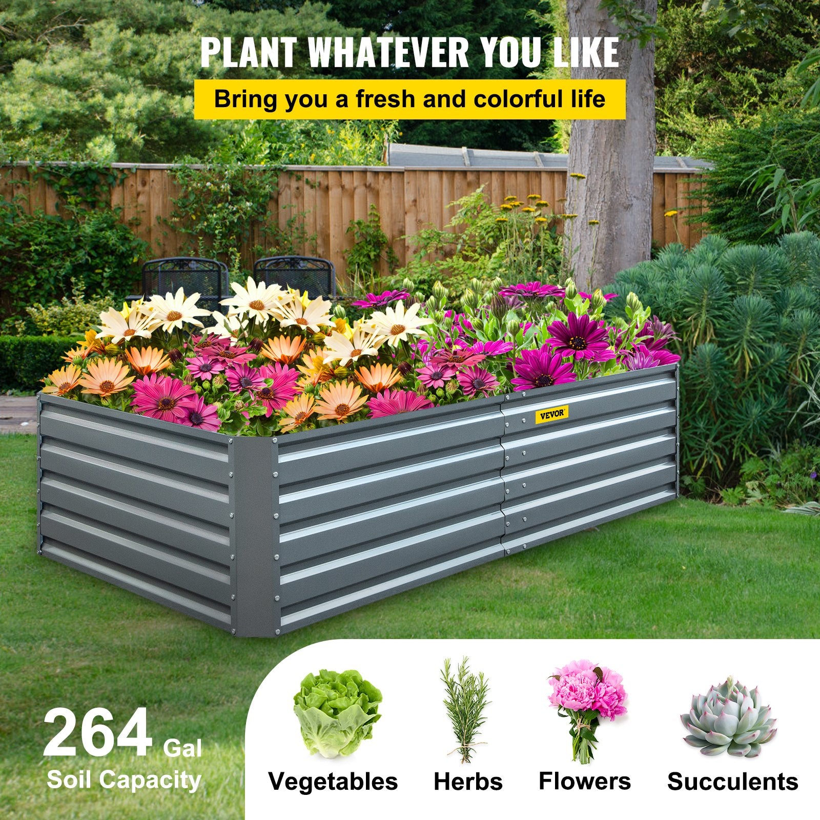 Garden Ornaments: VEVOR Galvanized Raised Garden Bed, 203 x 102 x 48 cm Metal Planter Box, Gray Steel Plant Raised Garden Bed Kit, Planter Boxes Outdoor for Growing Vegetables,Flowers,Fruits,Herbs,and Succulents
