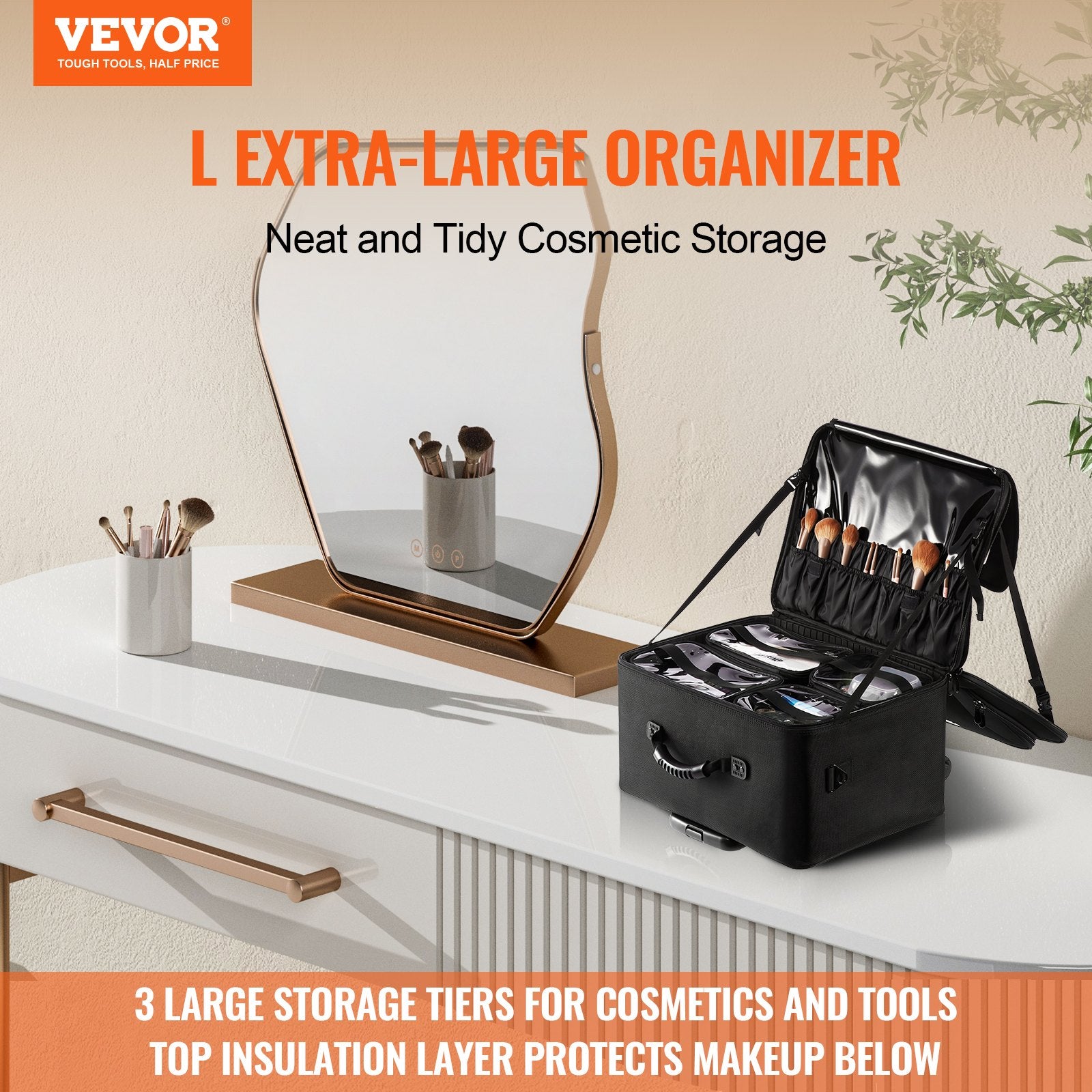 Makeup Organisation & Storage: VEVOR Rolling Makeup Train Case Large Storage 3 Tiers, Convenient Carry With Handle, Wheels, Strap, Professional Makeup Storage Organizer Box Make Up Carrier Waterproof Oxford, Black