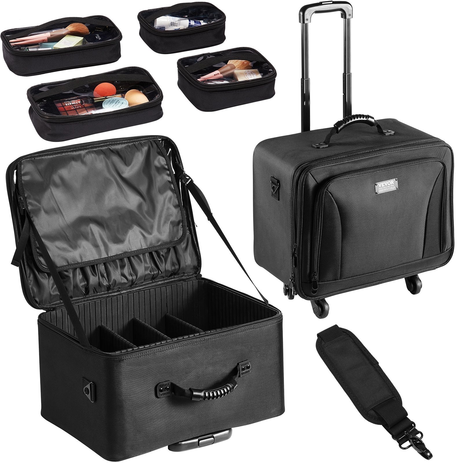 Makeup Organisation & Storage: VEVOR Rolling Makeup Train Case Large Storage 3 Tiers, Convenient Carry With Handle, Wheels, Strap, Professional Makeup Storage Organizer Box Make Up Carrier Waterproof Oxford, Black