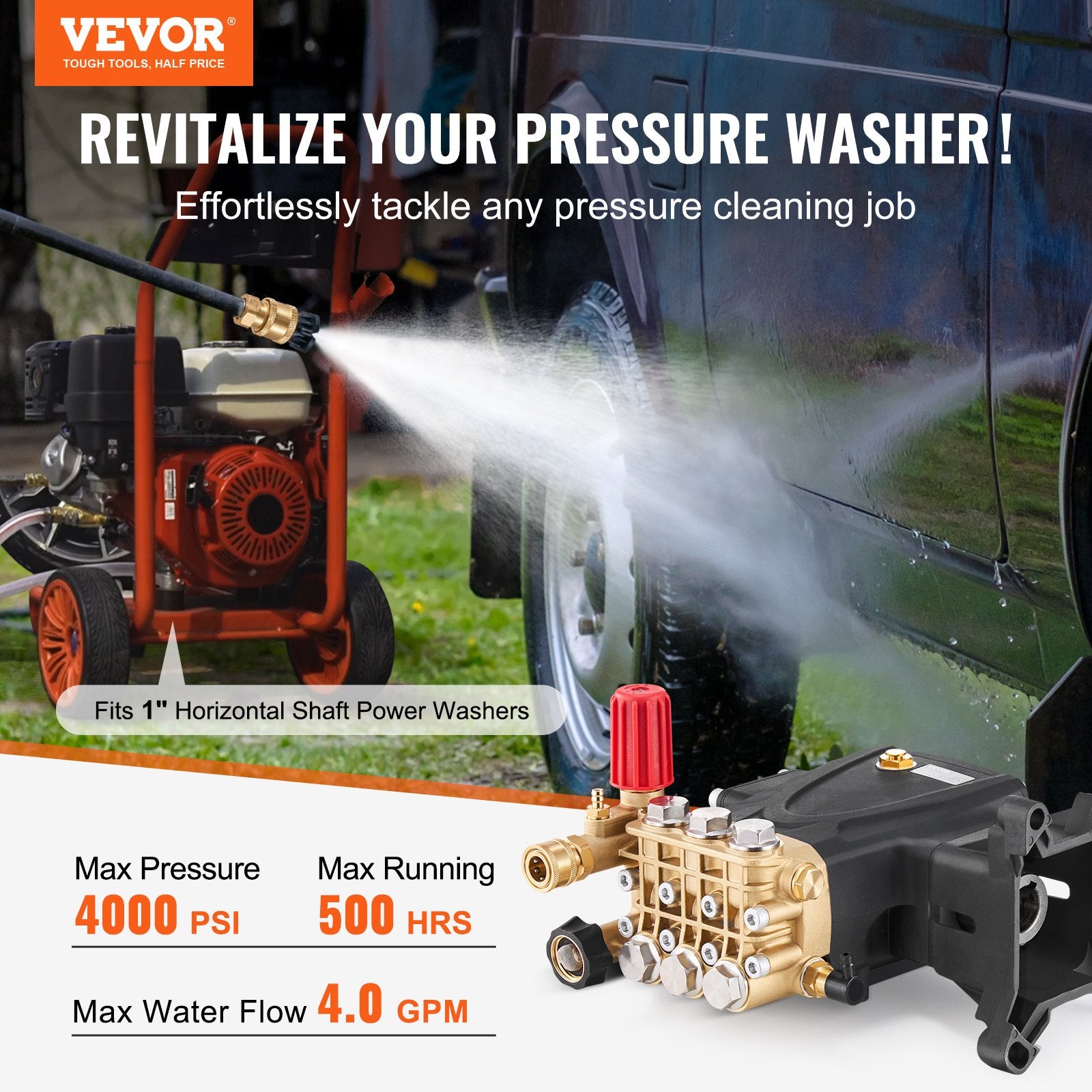 Shower Accessories: VEVOR Pressure Washer Pump, 1" Shaft Horizontal Triplex Plunger, 4000 PSI, 4.0GPM, Replacement Power Washer Pumps Kit with Hardware, Compatible with Simpson MorFlex 40224, 40225, 40226, Santoprene