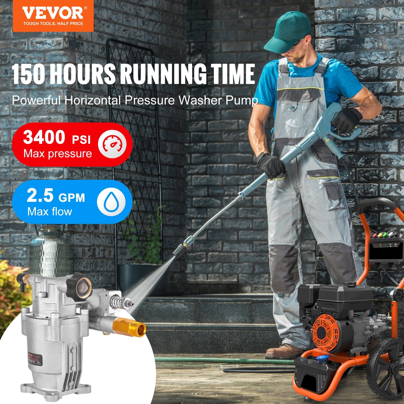 Fuel & Exhaust: VEVOR Pressure Washer Pump, 19 mm Shaft Horizontal, 3400 PSI, 2.5GPM, Replacement Power Washer Pumps Kit, Parts Washer Pump, Compatible with Honda, Simpson, RYOBI, Briggs & Stratton, Subaru, Craftsman