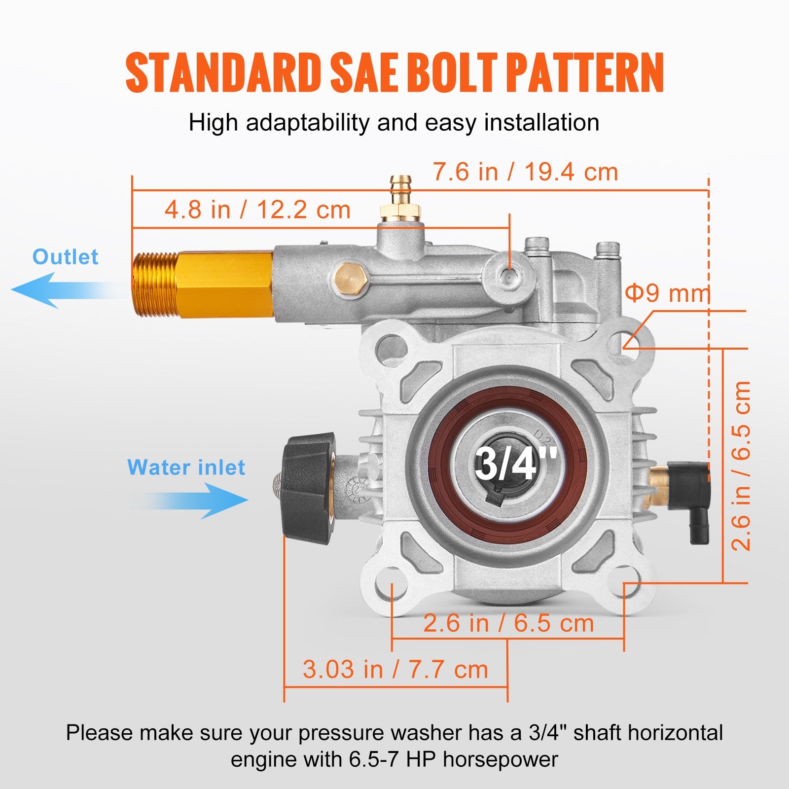 Fuel & Exhaust: VEVOR Pressure Washer Pump, 19 mm Shaft Horizontal, 3400 PSI, 2.5GPM, Replacement Power Washer Pumps Kit, Parts Washer Pump, Compatible with Honda, Simpson, RYOBI, Briggs & Stratton, Subaru, Craftsman