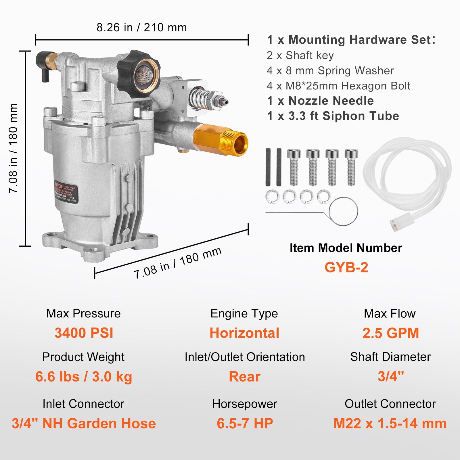 Fuel & Exhaust: VEVOR Pressure Washer Pump, 19 mm Shaft Horizontal, 3400 PSI, 2.5GPM, Replacement Power Washer Pumps Kit, Parts Washer Pump, Compatible with Honda, Simpson, RYOBI, Briggs & Stratton, Subaru, Craftsman