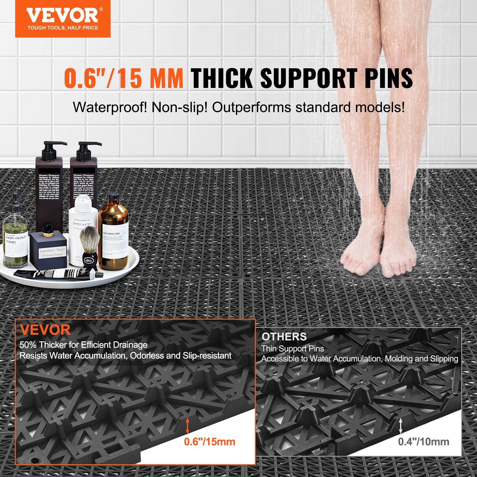 Automotive Repair & Speciality Tools: VEVOR Modular Interlocking Cushion, 50 Pack 30 x 30 cm Splicing Drainage Mats, PVC Interlocking Drainage Floor Tiles, Non-Slip Drainage Holes for Restroom, Bathroom, Kitchen, Pool, Wet Area, Black