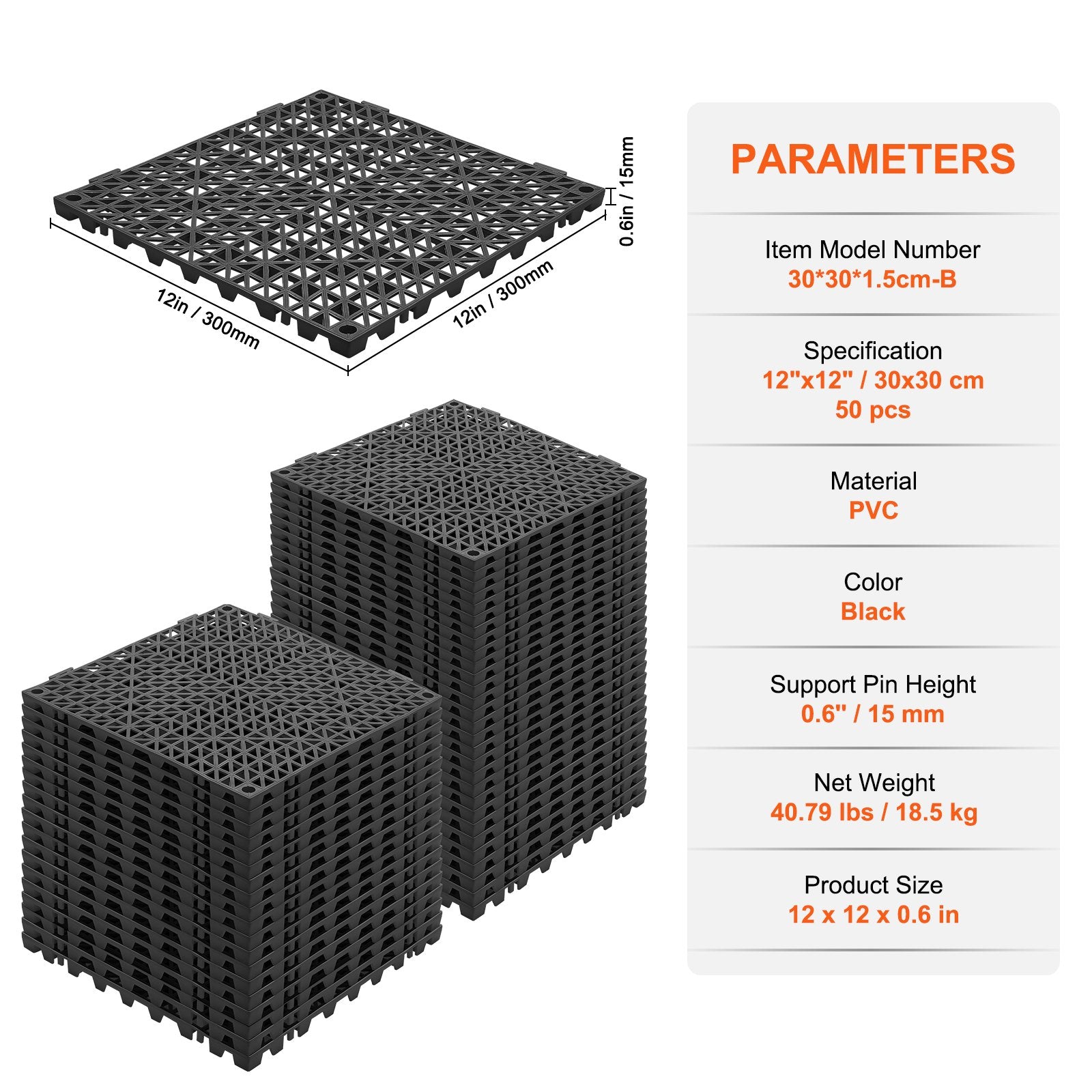 Automotive Repair & Speciality Tools: VEVOR Modular Interlocking Cushion, 50 Pack 30 x 30 cm Splicing Drainage Mats, PVC Interlocking Drainage Floor Tiles, Non-Slip Drainage Holes for Restroom, Bathroom, Kitchen, Pool, Wet Area, Black