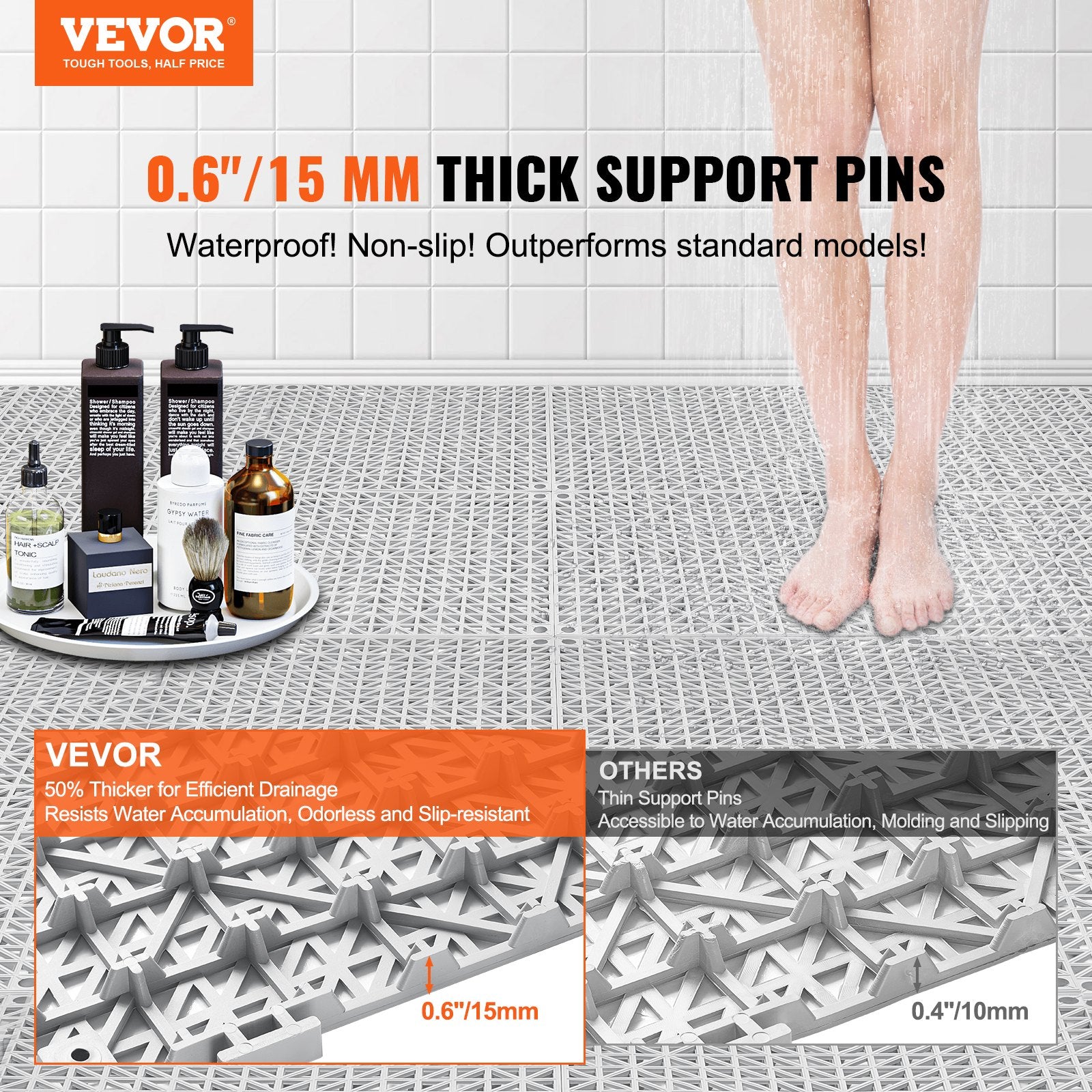 Automotive Repair & Speciality Tools: VEVOR Modular Interlocking Cushion, 50 Pack 30 x 30 cm Splicing Drainage Mats, Soft PVC Interlocking Drainage Floor Tiles, Non-Slip Drainage Holes for Restroom, Bathroom, Kitchen, Pool, Wet Area, Gray