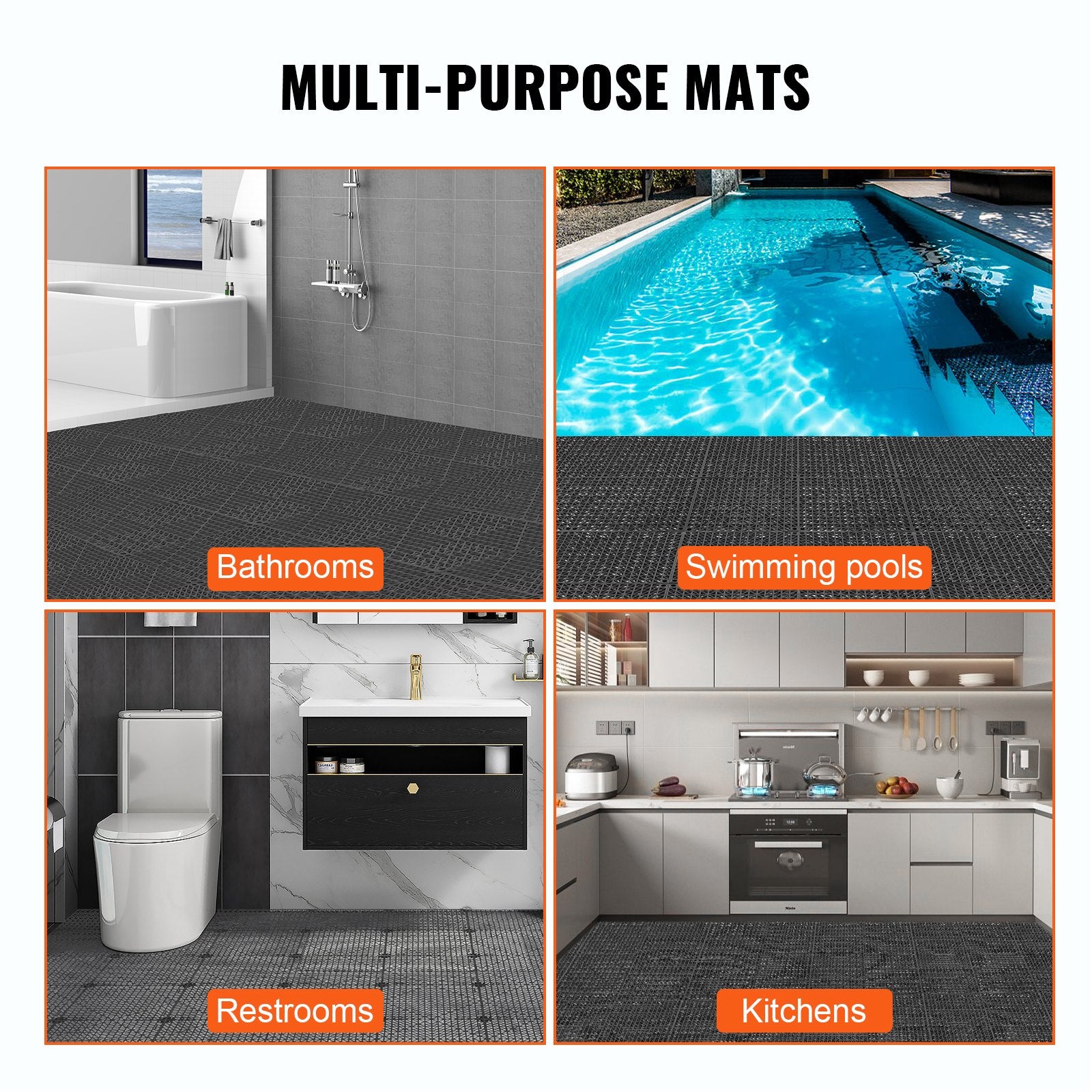 Modular Interlocking Cushion, 55 Pack 30 x 30 cm Splicing Drainage Mats, PVC Interlocking Drainage Floor Tiles, Non-Slip Drainage Holes for Restroom, Bathroom, Kitchen, Pool, Wet Area, Black
