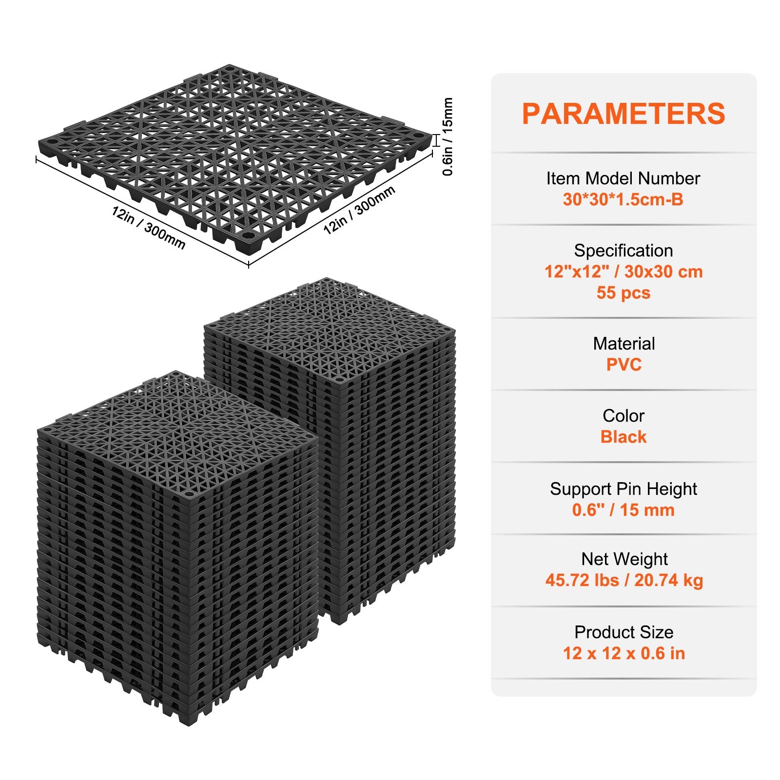 Modular Interlocking Cushion, 55 Pack 30 x 30 cm Splicing Drainage Mats, PVC Interlocking Drainage Floor Tiles, Non-Slip Drainage Holes for Restroom, Bathroom, Kitchen, Pool, Wet Area, Black