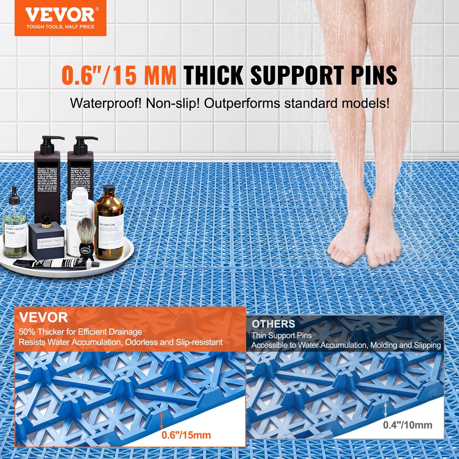 Automotive Repair & Speciality Tools: VEVOR Modular Interlocking Cushion, 55 Pack 30 x 30 cm Splicing Drainage Mats, Soft PVC Interlocking Drainage Floor Tiles, Non-Slip Drainage Holes for Restroom, Bathroom, Kitchen, Pool, Wet Area, Blue