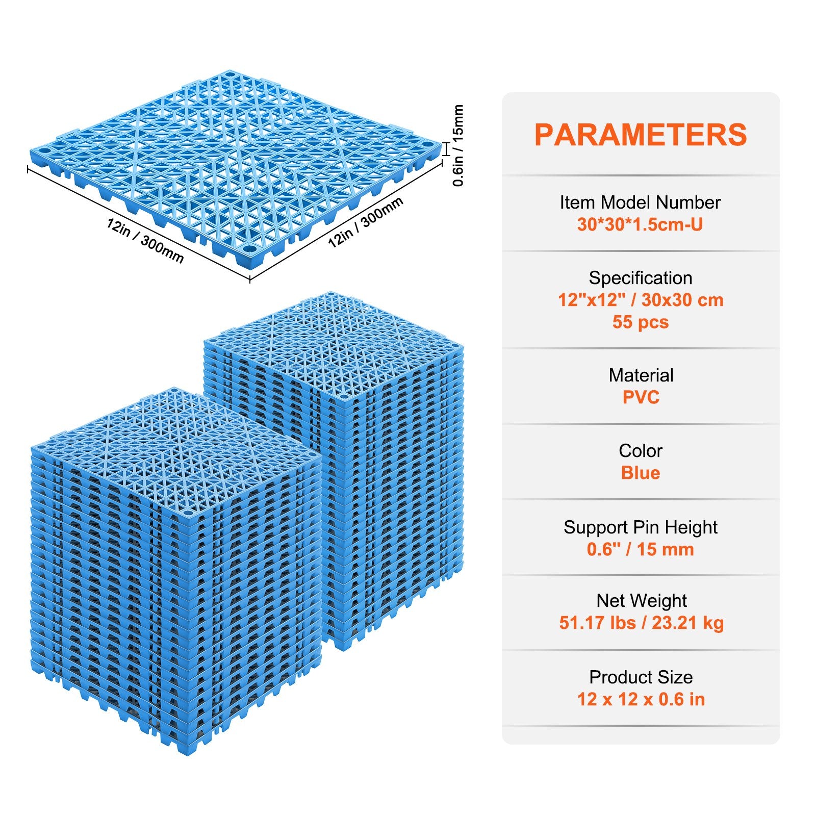 Automotive Repair & Speciality Tools: VEVOR Modular Interlocking Cushion, 55 Pack 30 x 30 cm Splicing Drainage Mats, Soft PVC Interlocking Drainage Floor Tiles, Non-Slip Drainage Holes for Restroom, Bathroom, Kitchen, Pool, Wet Area, Blue