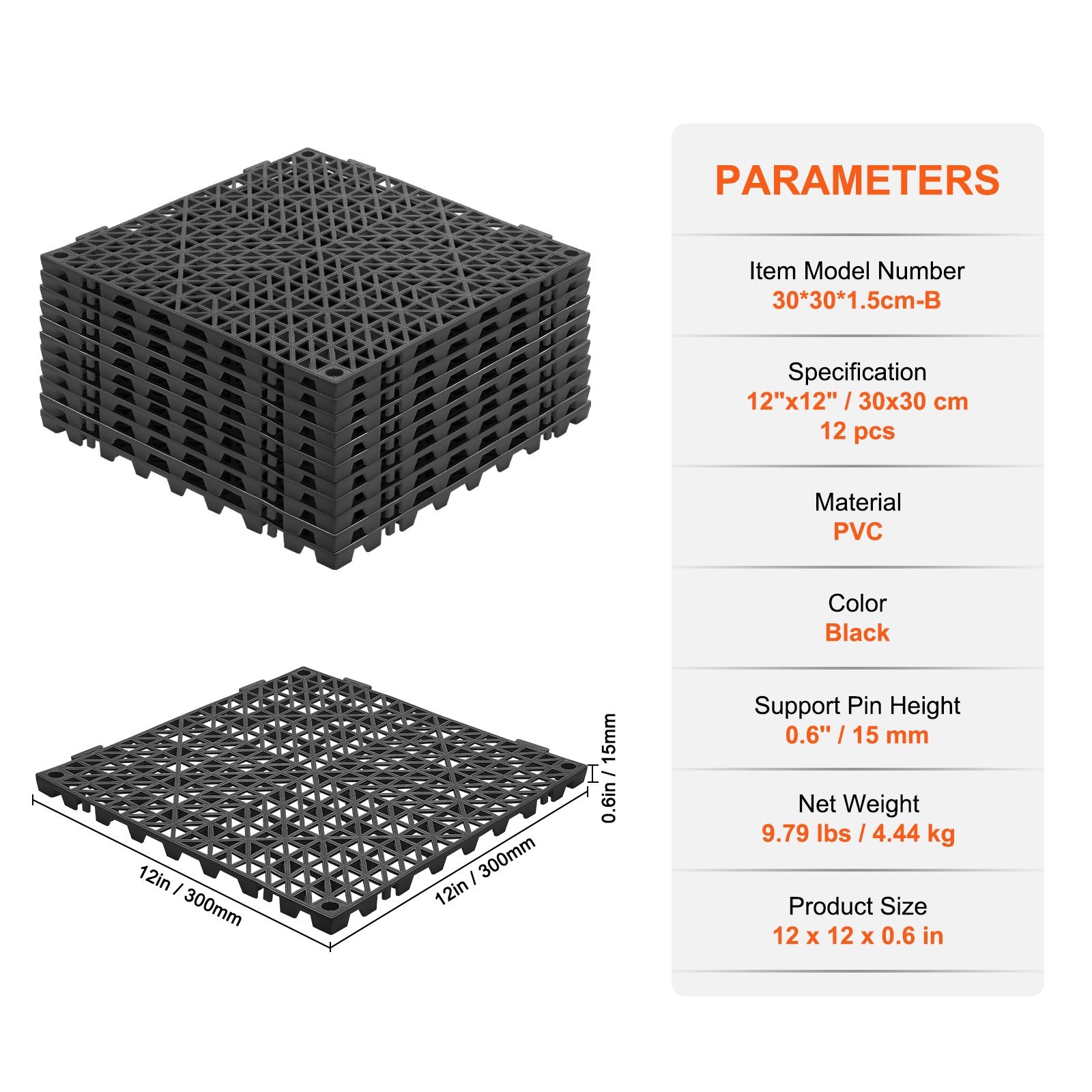 Automotive Repair & Speciality Tools: VEVOR Modular Interlocking Cushion, 12 Pack 30 x 30 cm Splicing Drainage Mats, PVC Interlocking Drainage Floor Tiles, Non-Slip Drainage Holes for Restroom, Bathroom, Kitchen, Pool, Wet Area, Black