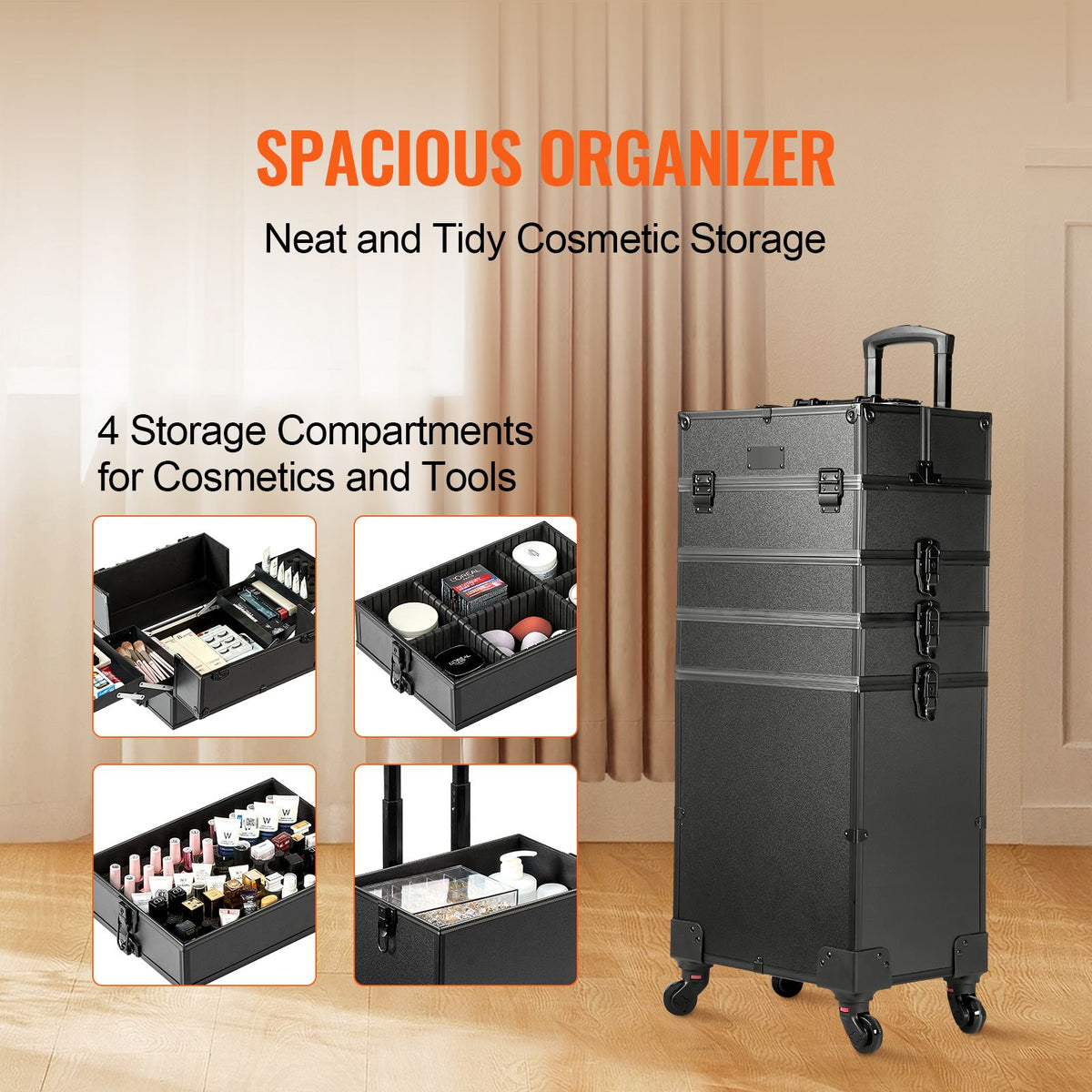 5 in 1 Professional Makeup Train Case Aluminum Cosmetic Case, Rolling Makeup Case Extra Large Trolley Makeup Travel Organizer, with 360° Swivel Wheels & Adjustable Pull Rod, Black