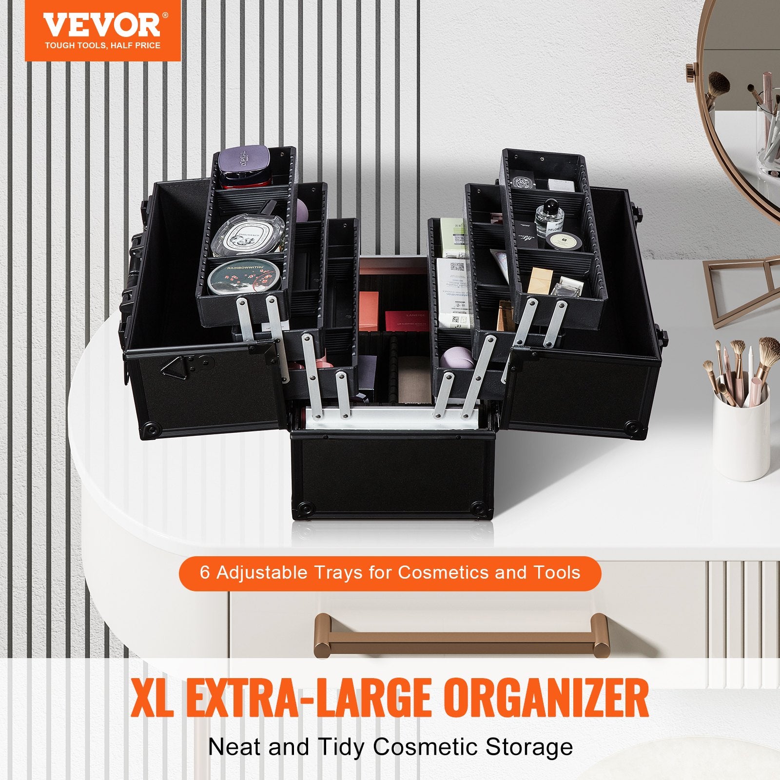 Makeup Organisation & Storage: VEVOR Makeup Train Case 370MM Large Portable Cosmetic Case, 6 Tier Trays Professional Makeup Storage Organizer Box Make Up Carrier with Handle And Strap Travel Case for Women and Girls - Black