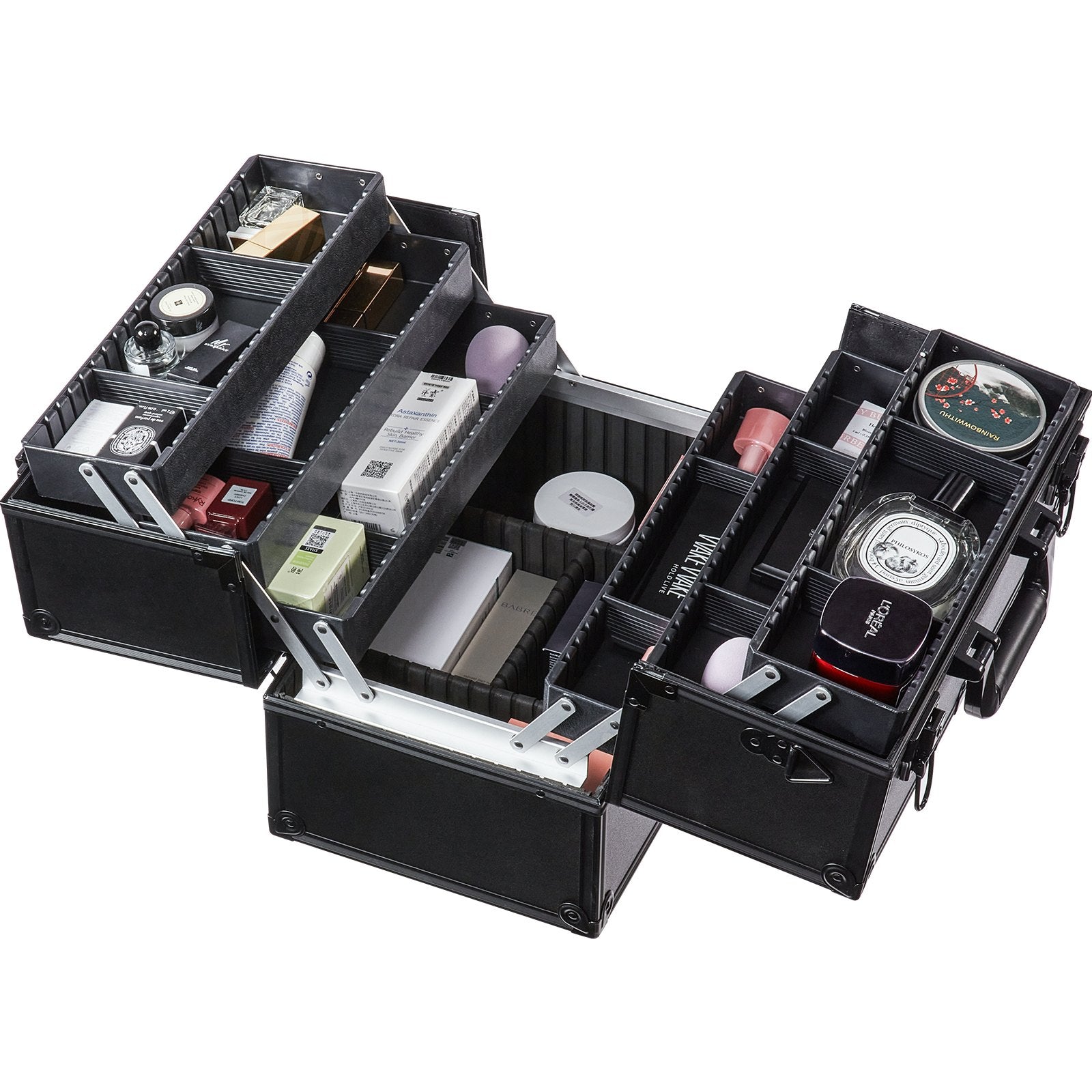 Makeup Organisation & Storage: VEVOR Makeup Train Case 370MM Large Portable Cosmetic Case, 6 Tier Trays Professional Makeup Storage Organizer Box Make Up Carrier with Handle And Strap Travel Case for Women and Girls - Black